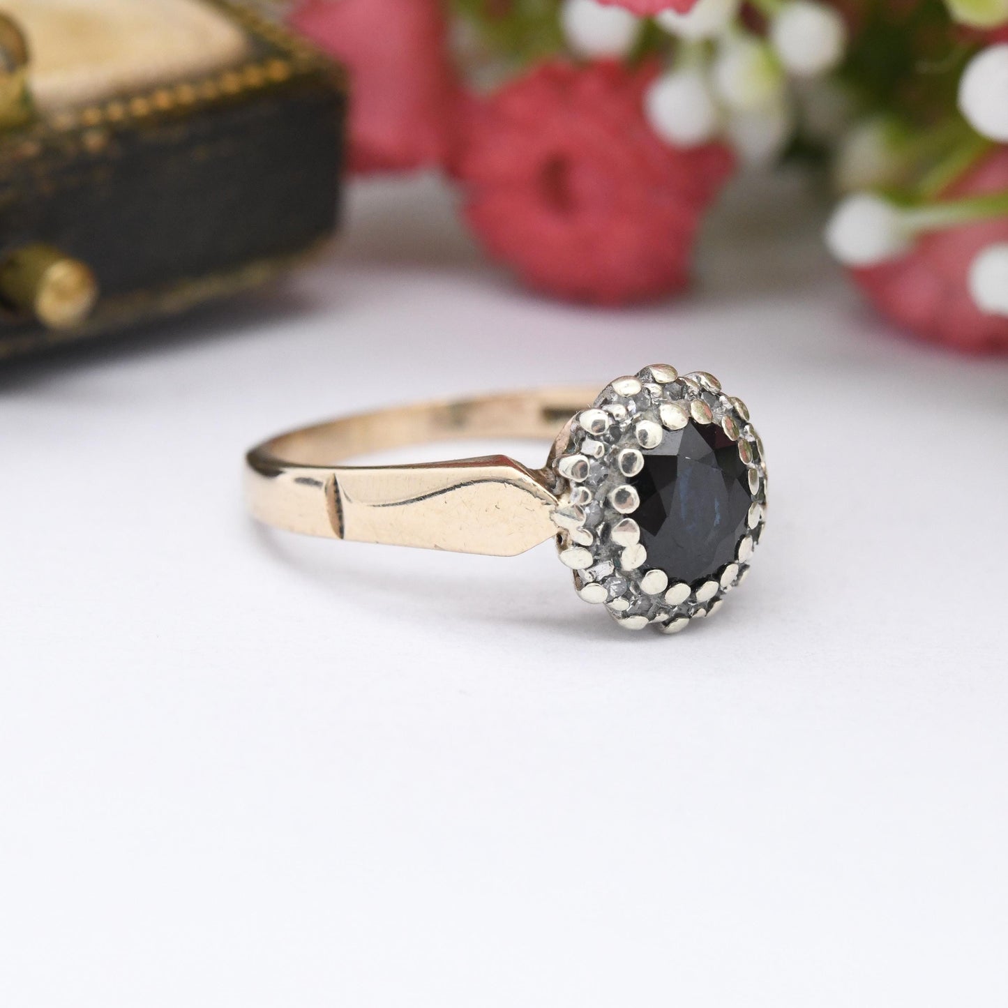 Vintage 9ct Gold Sapphire and Diamond Halo Ring 1990 - Vintage Statement Engagement Ring | Gift for Her | UK Size - L | US Size - 5 3/4