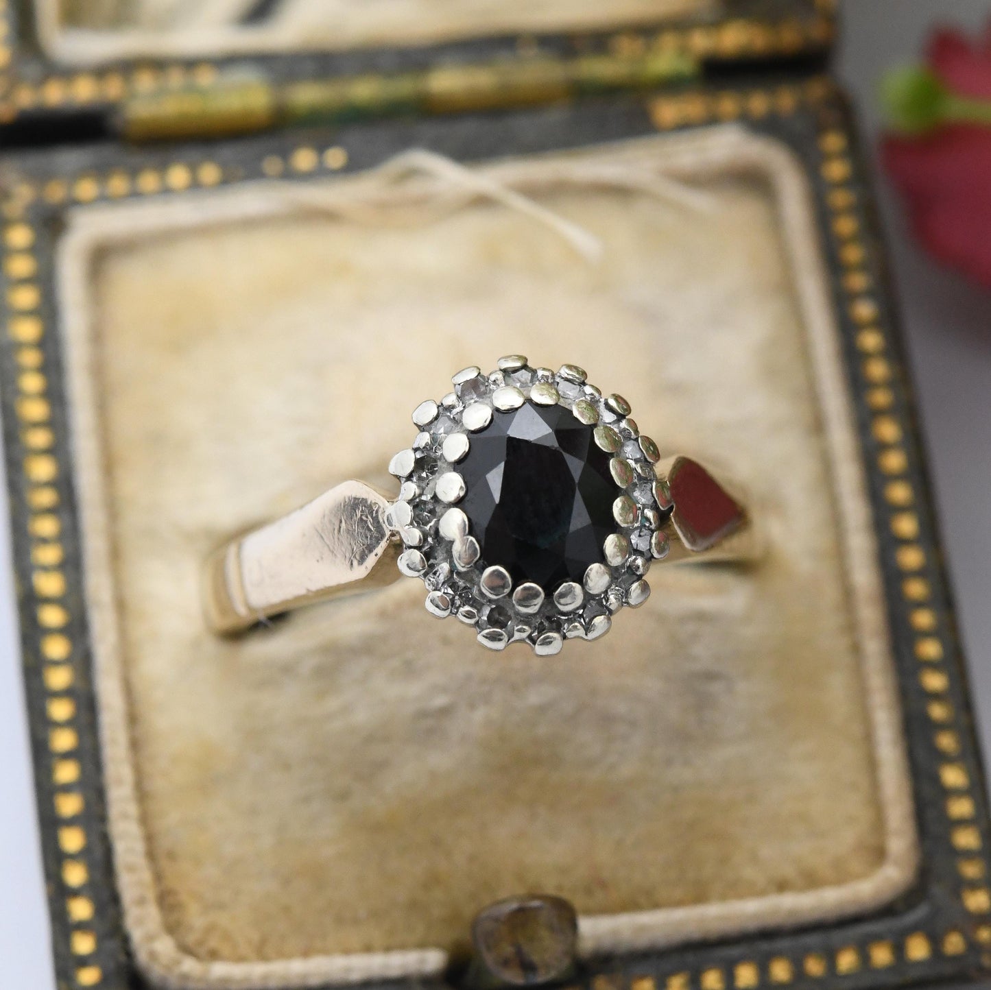 Vintage 9ct Gold Sapphire and Diamond Halo Ring 1990 - Vintage Statement Engagement Ring | Gift for Her | UK Size - L | US Size - 5 3/4