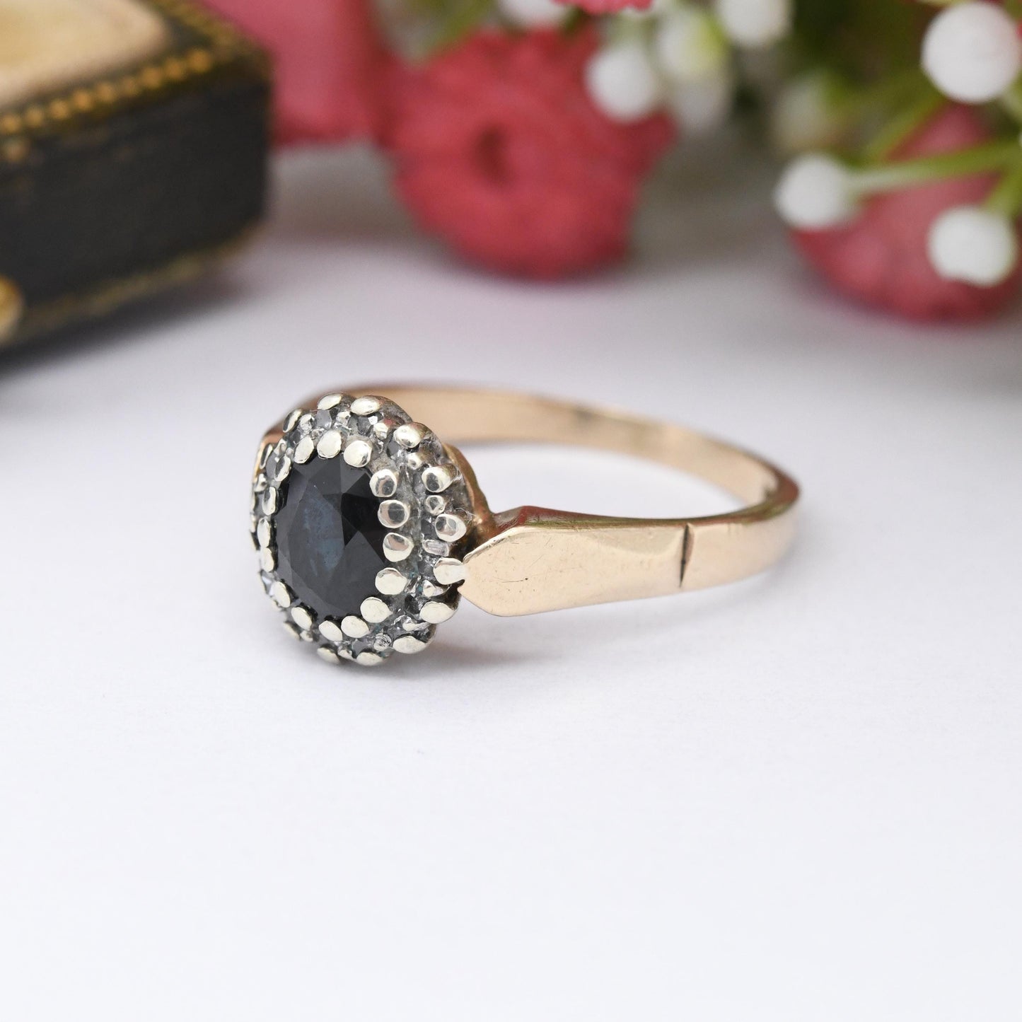 Vintage 9ct Gold Sapphire and Diamond Halo Ring 1990 - Vintage Statement Engagement Ring | Gift for Her | UK Size - L | US Size - 5 3/4