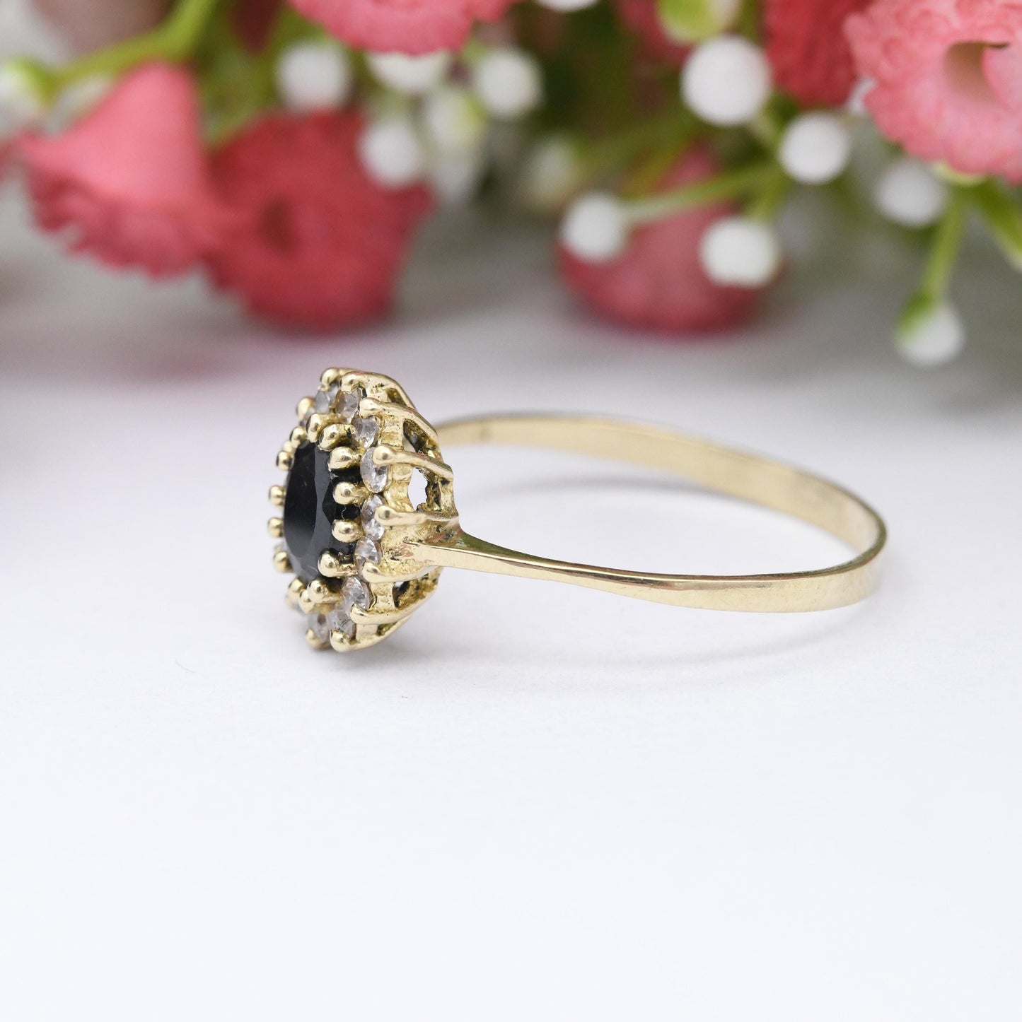 Vintage 14ct Gold Sapphire and CZ Halo Ring - Blue Gemstone Floral Cluster Delicate Jewellery Gift for Her | UK Size - T | US Size - 9 1/2