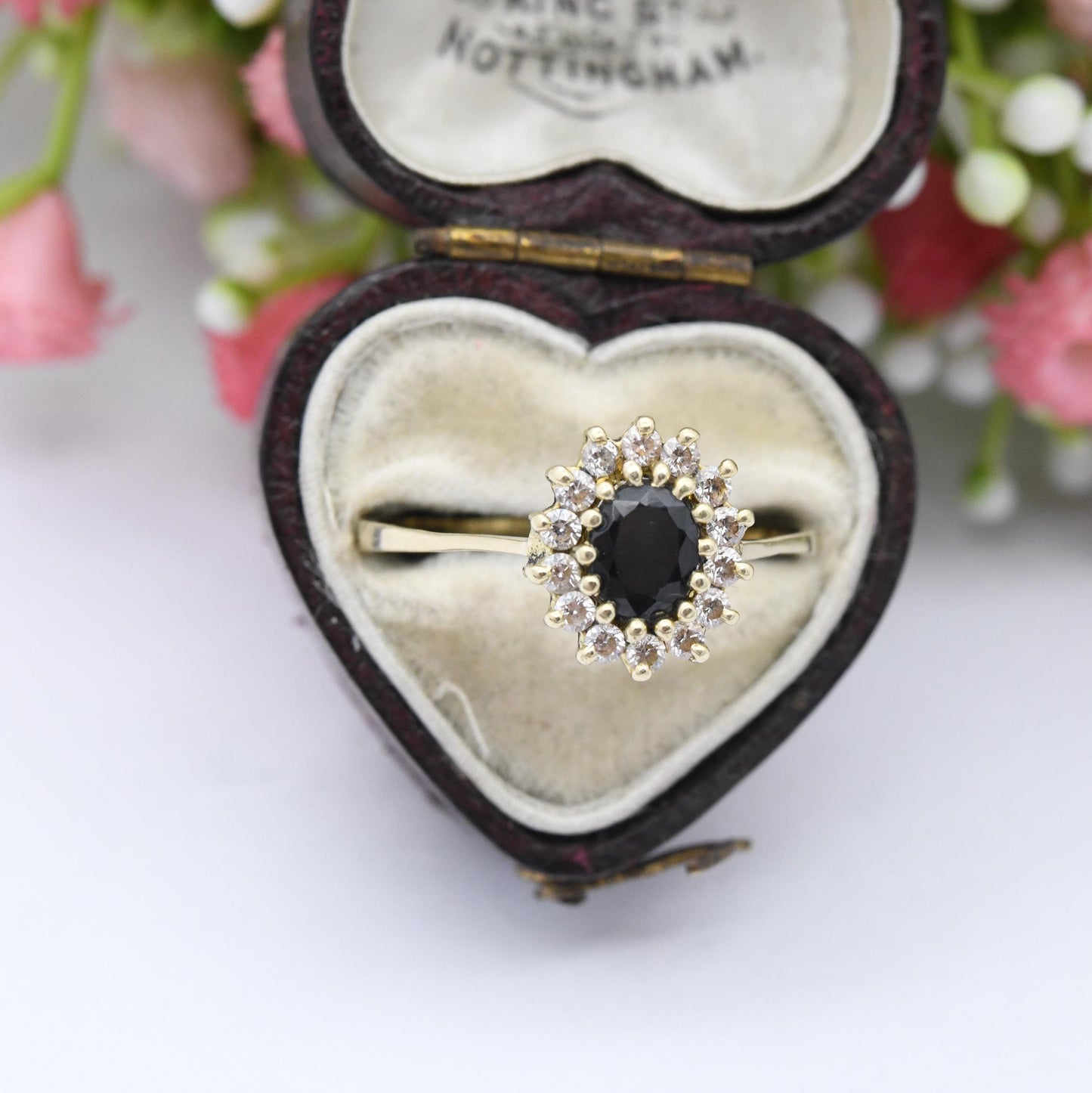 Vintage 14ct Gold Sapphire and CZ Halo Ring - Blue Gemstone Floral Cluster Delicate Jewellery Gift for Her | UK Size - T | US Size - 9 1/2