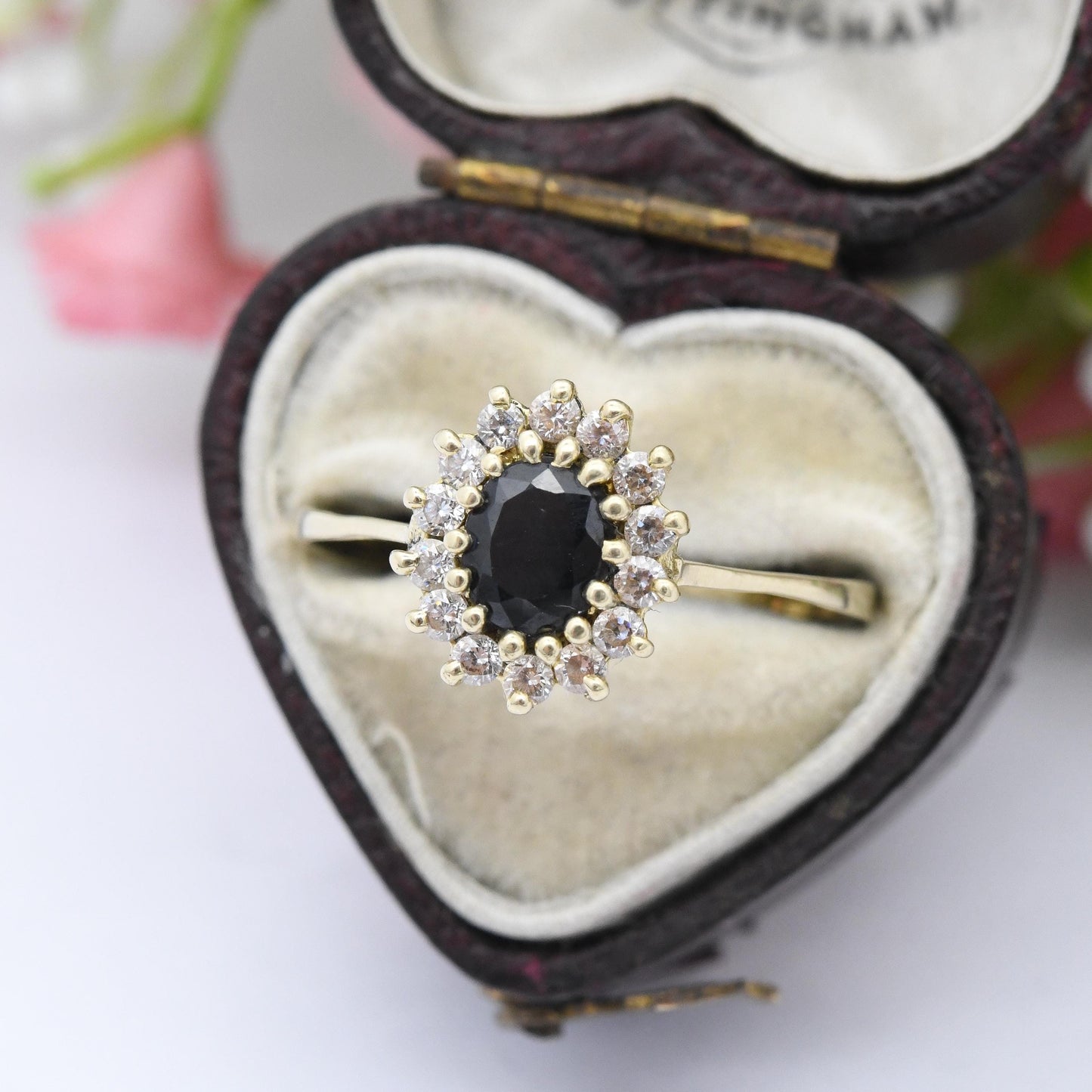 Vintage 14ct Gold Sapphire and CZ Halo Ring - Blue Gemstone Floral Cluster Delicate Jewellery Gift for Her | UK Size - T | US Size - 9 1/2