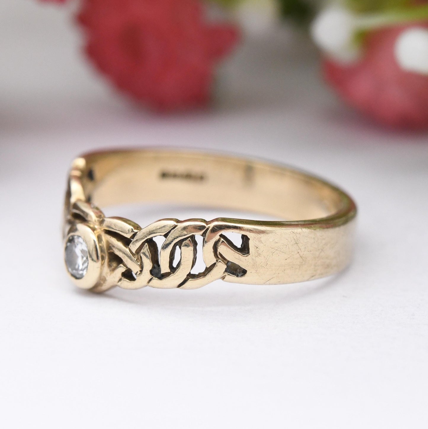 Vintage 9ct Gold Celtic Knot Solitaire Wishbone Ring - Cute Pinkie Ring Midi Ring Jewellery Gift for Her | UK Size - J 1/2 | US Size - 5