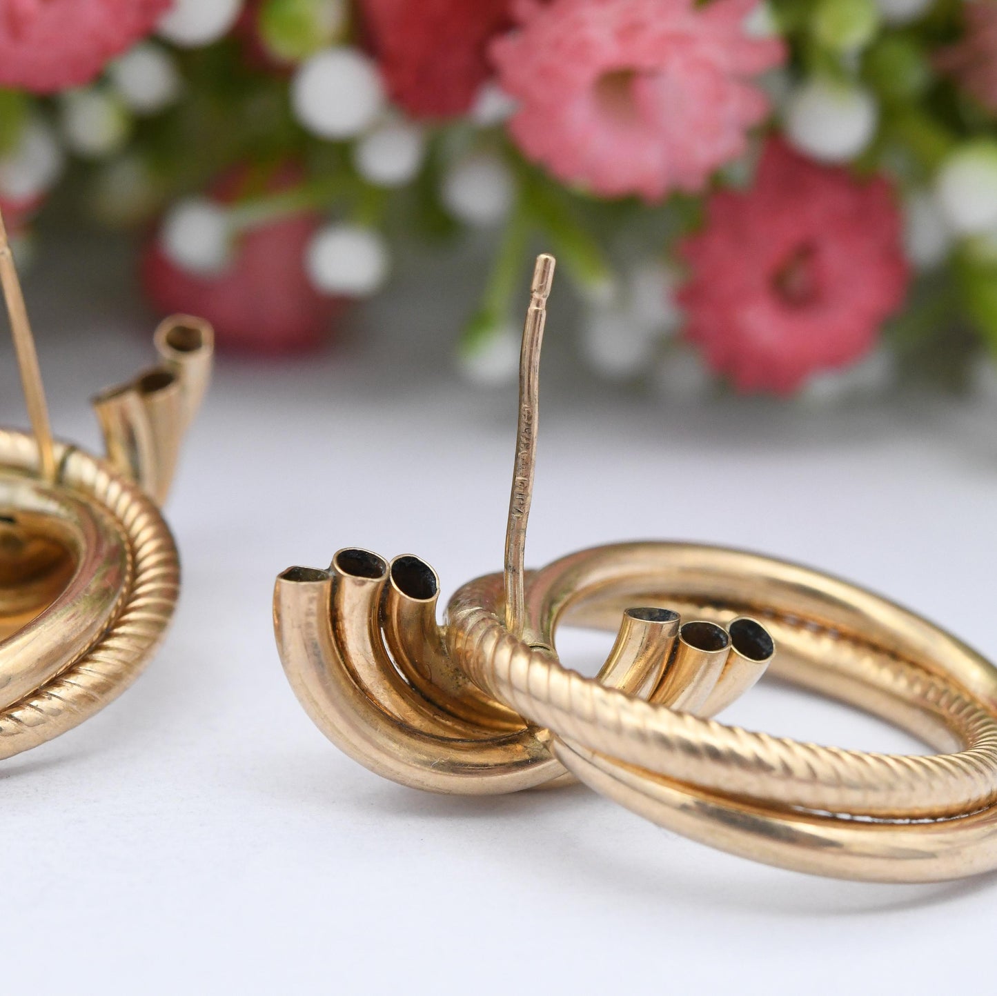 Vintage 9ct Gold Twist Front Facing Hoop Stud Earrings - Large Chunky Hollow Gold Studs Crossed Rings | Butterfly Backs | Hallmarked Gold