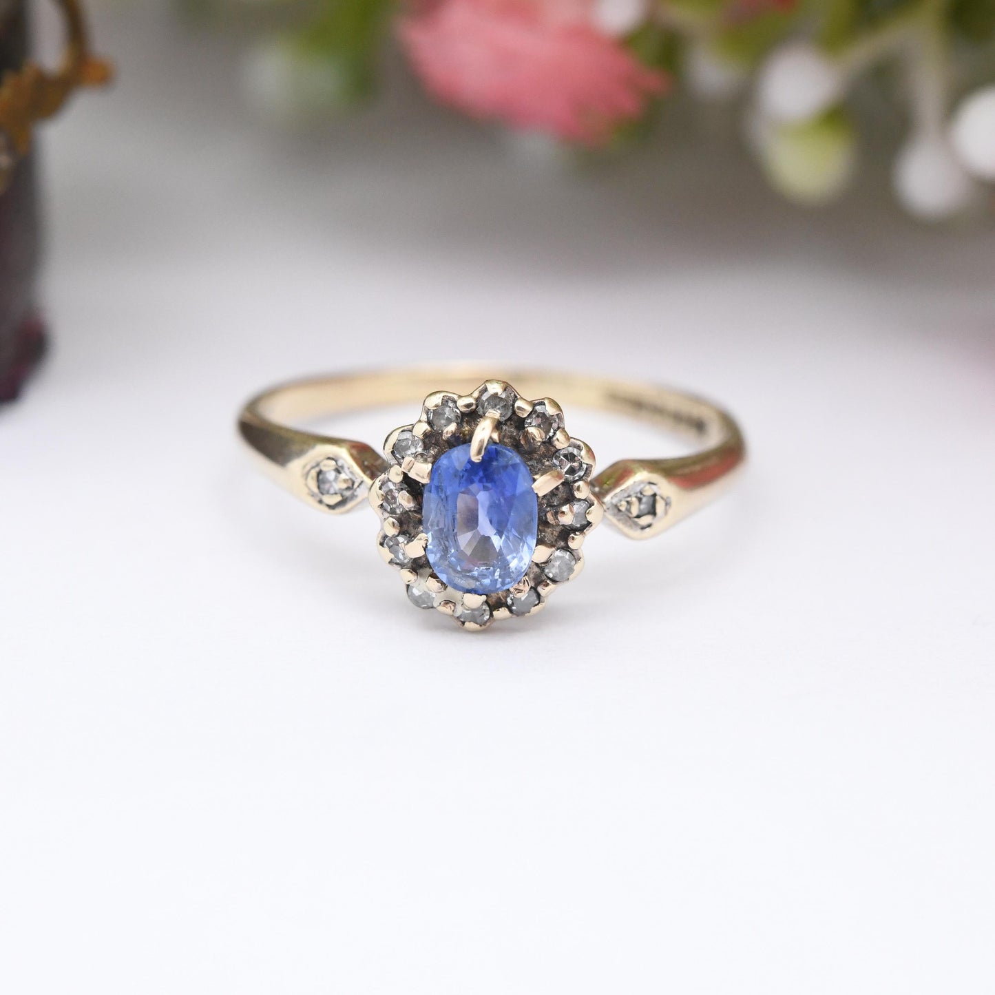 Vintage 9ct Gold Sapphire Diamond Halo Ring 1990 - Pretty Light Blue Gemstone Floral Ring Gift for Her | UK Size - N | US Size - 6 3/4
