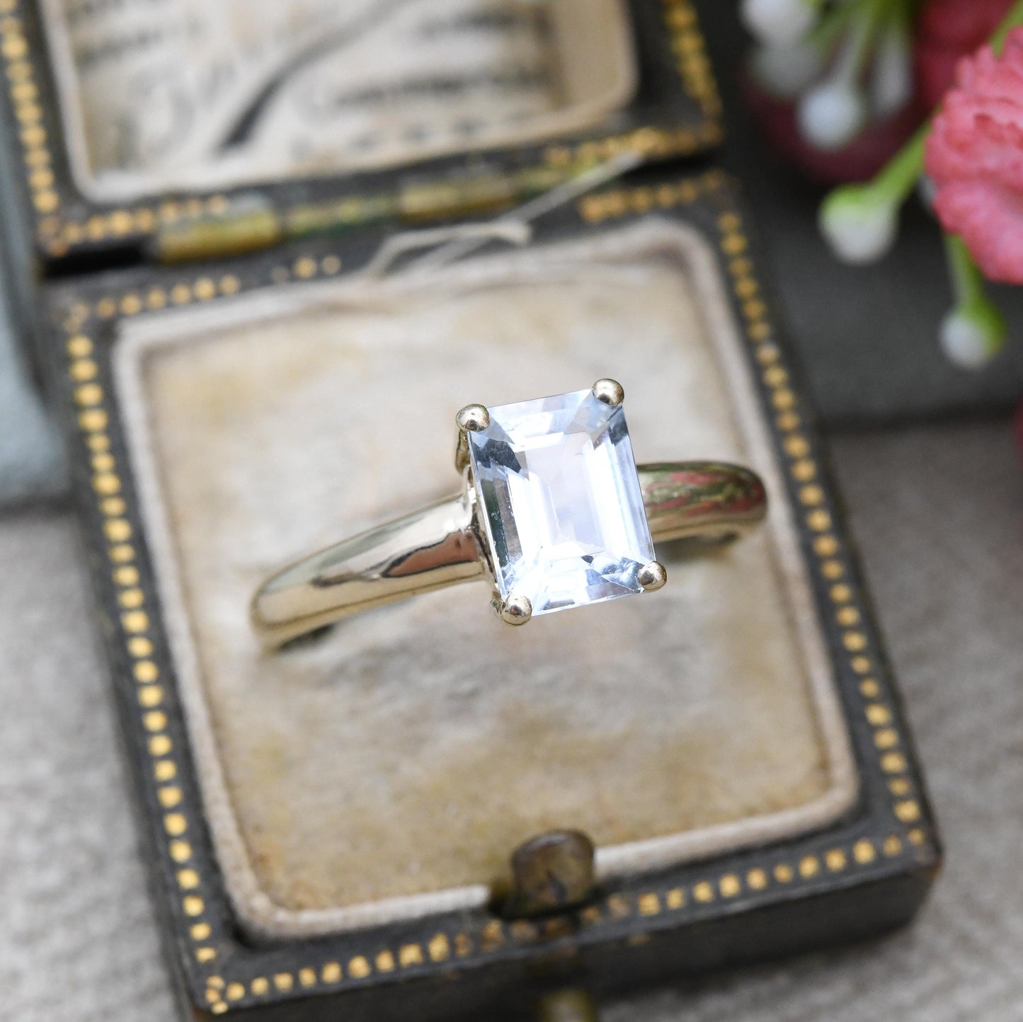 Vintage 9ct Gold Aquamarine Solitaire Ring Emerald Cut - Large Prong Blue Single Stone Cocktail Ring | UK Size - T | US Size - 9 1/2