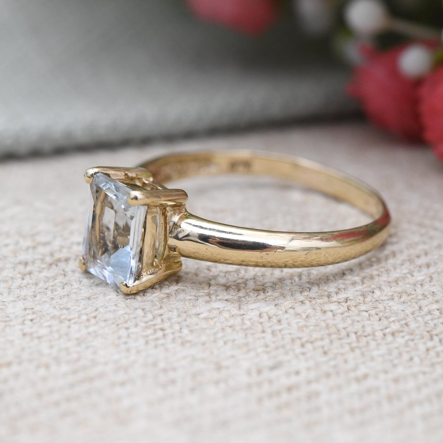 Vintage 9ct Gold Aquamarine Solitaire Ring Emerald Cut - Large Prong Blue Single Stone Cocktail Ring | UK Size - T | US Size - 9 1/2