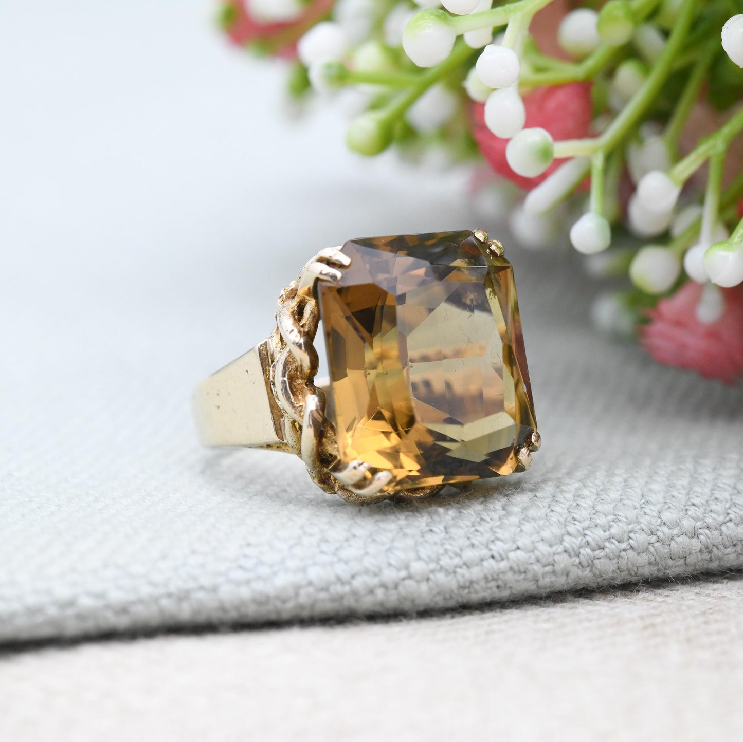 Vintage 9ct Gold Citrine Ring Chunky Mid-Century Statement - Yellow Gemstone Jewellery Twisted Knot Bezel | UK Size - K 1/2 US Size - 5 1/2