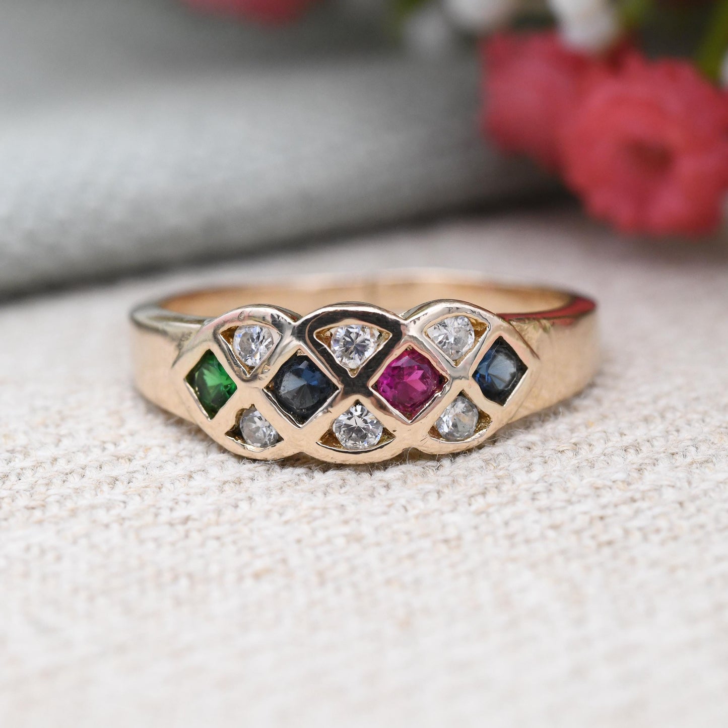Vintage Harlequin Multi Coloured Stone Ring - Unusual Flush Ruby and Paste Stones | Pretty Anniversary Gift | UK Size - T | US Size - 9 1/2