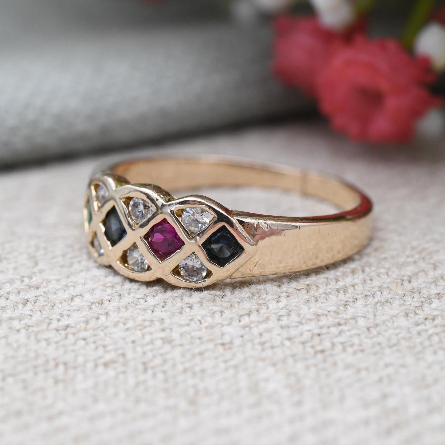 Vintage Harlequin Multi Coloured Stone Ring - Unusual Flush Ruby and Paste Stones | Pretty Anniversary Gift | UK Size - T | US Size - 9 1/2