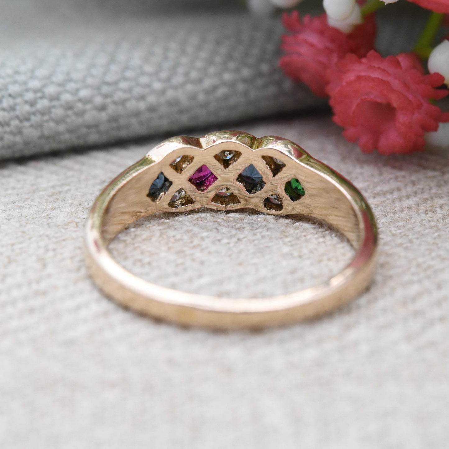 Vintage Harlequin Multi Coloured Stone Ring - Unusual Flush Ruby and Paste Stones | Pretty Anniversary Gift | UK Size - T | US Size - 9 1/2