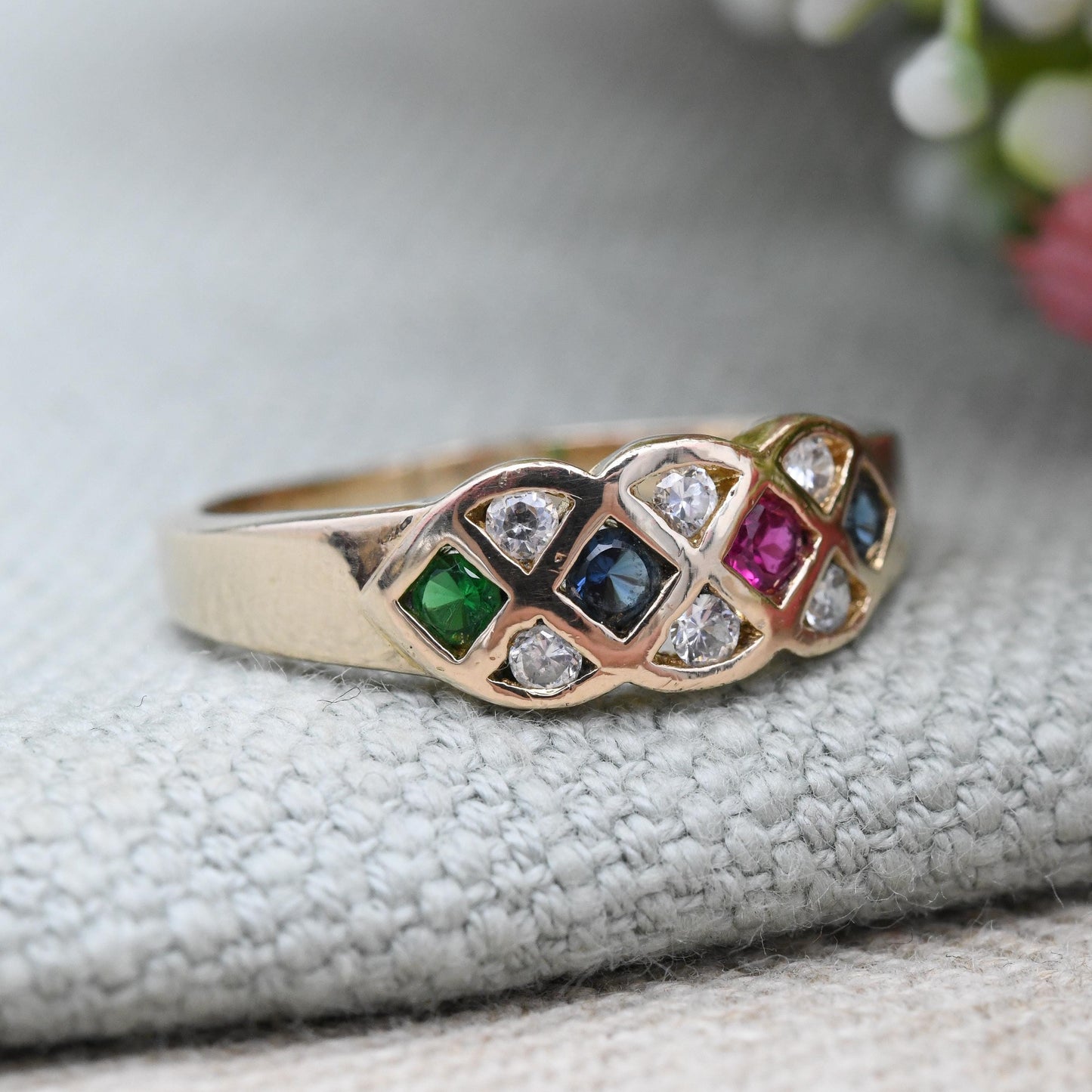 Vintage Harlequin Multi Coloured Stone Ring - Unusual Flush Ruby and Paste Stones | Pretty Anniversary Gift | UK Size - T | US Size - 9 1/2