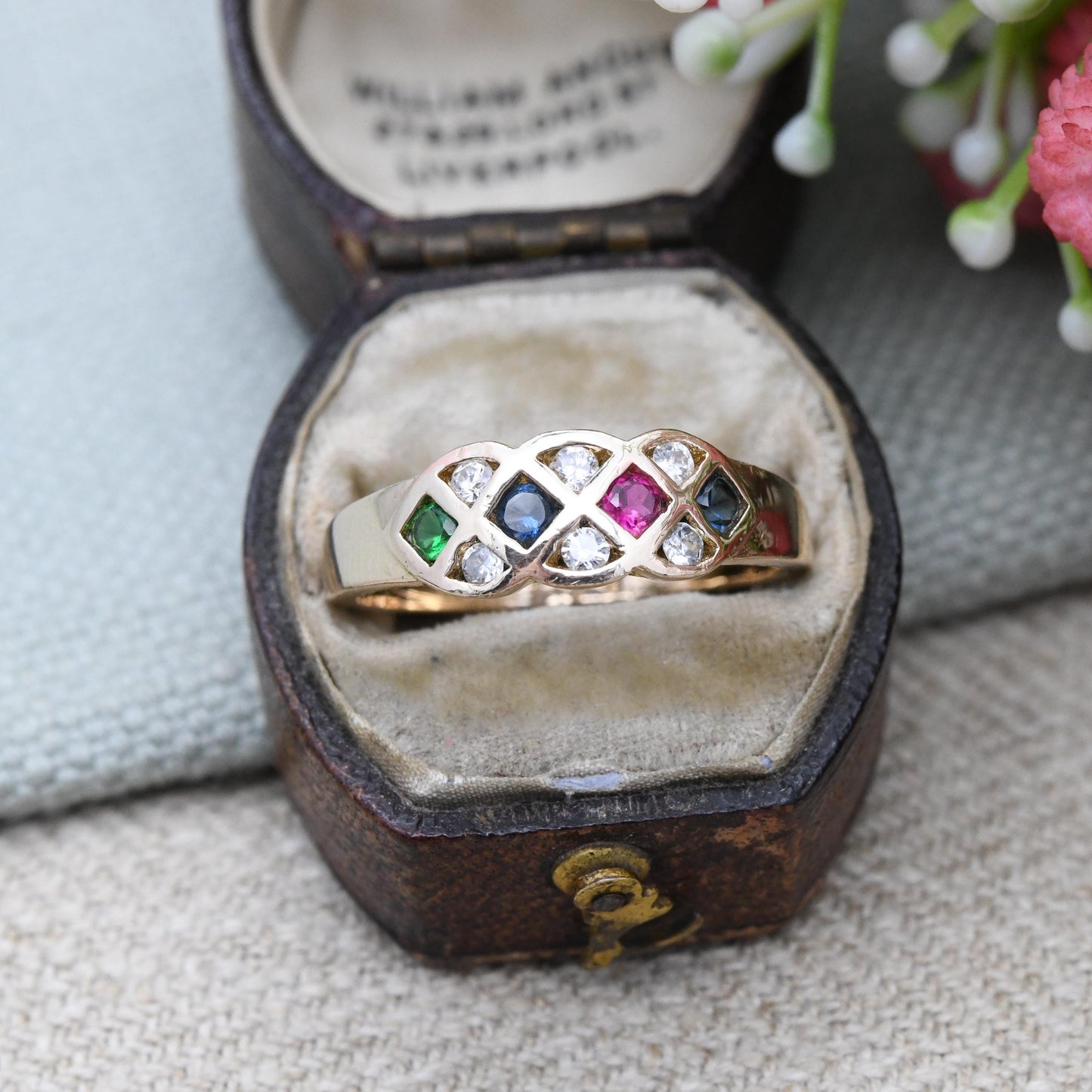 Vintage Harlequin Multi Coloured Stone Ring - Unusual Flush Ruby and Paste Stones | Pretty Anniversary Gift | UK Size - T | US Size - 9 1/2
