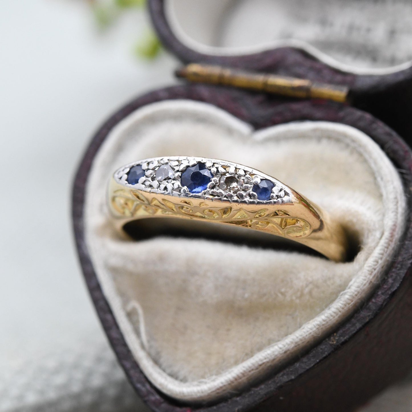 Antique Edwardian 18ct Gold Sapphire and Diamond Boat Ring c. 1900s - Gold and Platinum Ring Scrolling Detail | Size UK - K 1/2 | US - 5 1/2