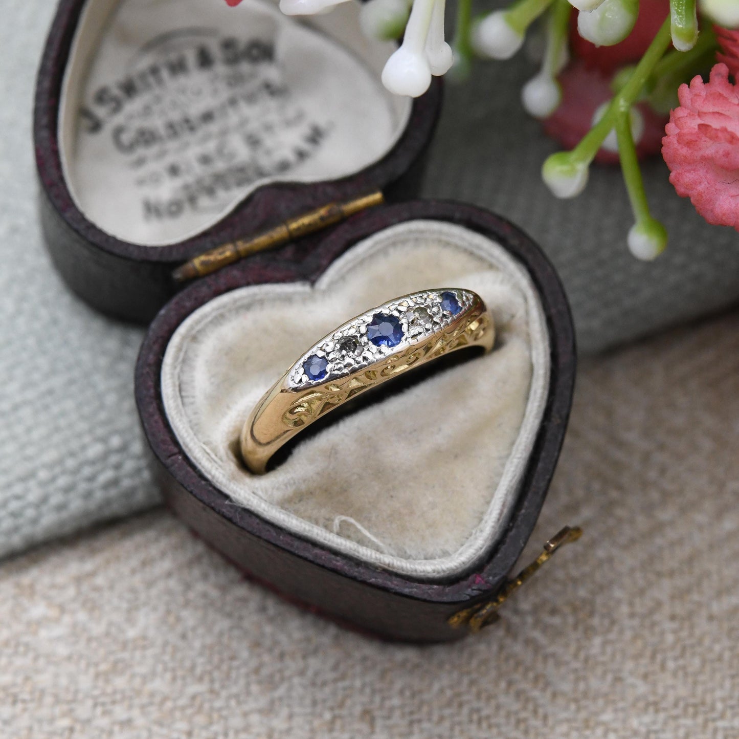 Antique Edwardian 18ct Gold Sapphire and Diamond Boat Ring c. 1900s - Gold and Platinum Ring Scrolling Detail | Size UK - K 1/2 | US - 5 1/2