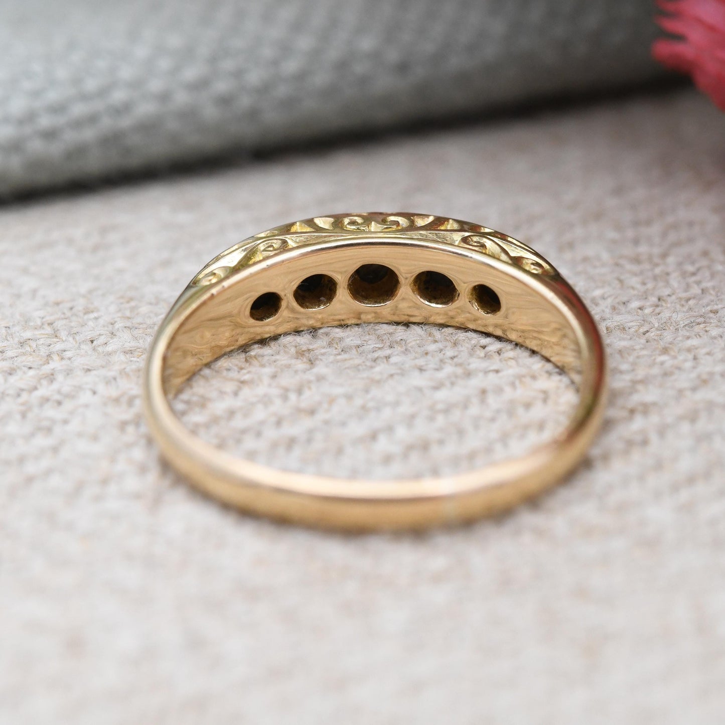 Antique Edwardian 18ct Gold Sapphire and Diamond Boat Ring c. 1900s - Gold and Platinum Ring Scrolling Detail | Size UK - K 1/2 | US - 5 1/2