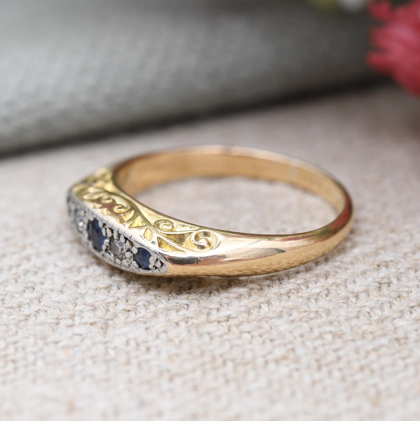 Antique Edwardian 18ct Gold Sapphire and Diamond Boat Ring c. 1900s - Gold and Platinum Ring Scrolling Detail | Size UK - K 1/2 | US - 5 1/2
