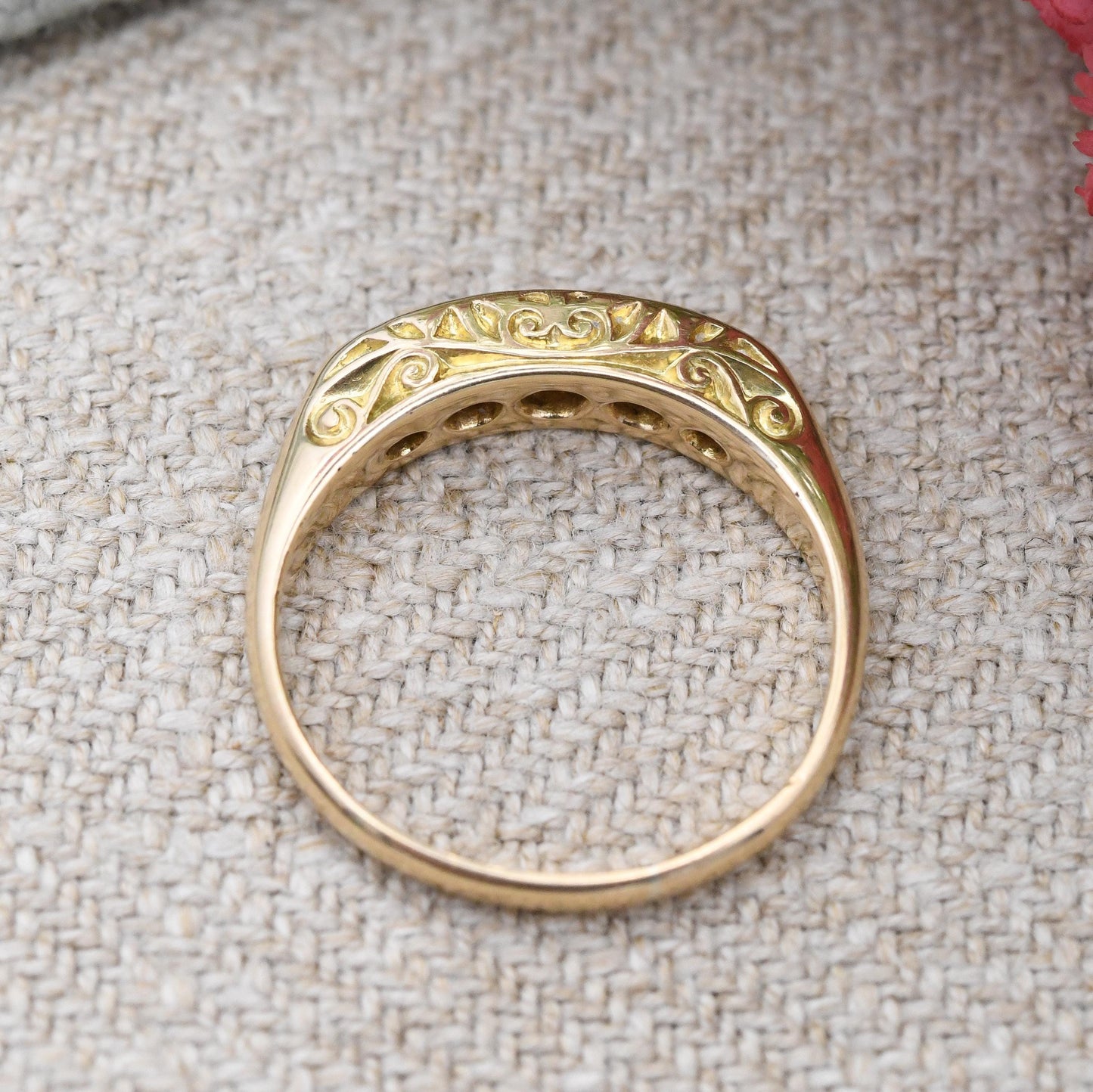 Antique Edwardian 18ct Gold Sapphire and Diamond Boat Ring c. 1900s - Gold and Platinum Ring Scrolling Detail | Size UK - K 1/2 | US - 5 1/2