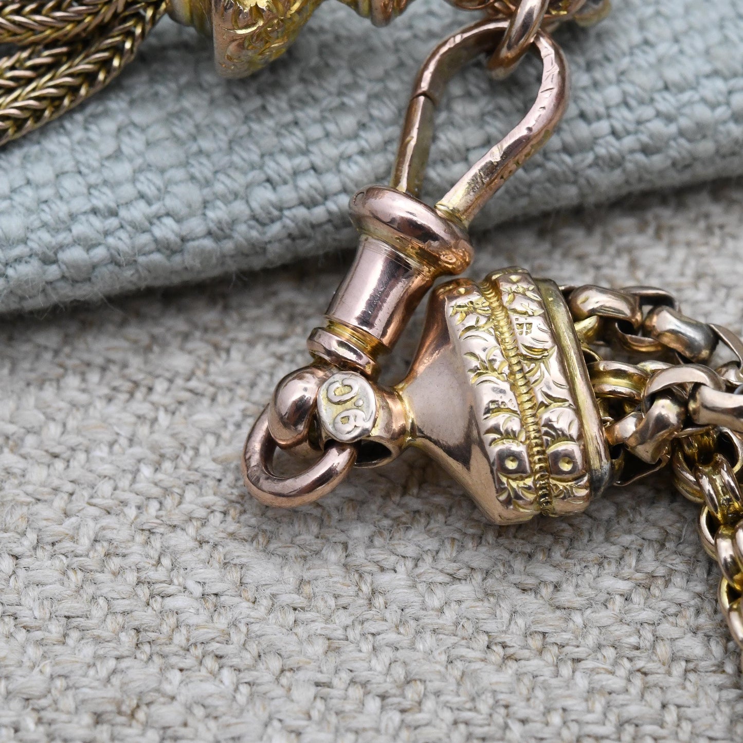 Antique Victorian 9ct Gold Albertina Chain Bracelet with Tassel Slider Dog Clip T-Bar - Cable Rolo Multi-Strand Watch Chain Floral Engraving