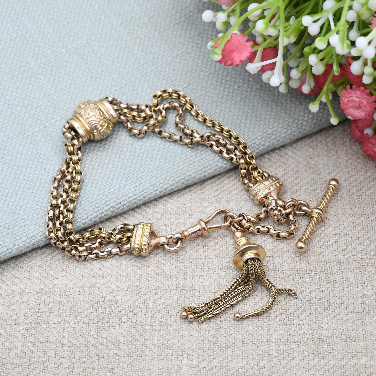 Antique Victorian 9ct Gold Albertina Chain Bracelet with Tassel Slider Dog Clip T-Bar - Cable Rolo Multi-Strand Watch Chain Floral Engraving