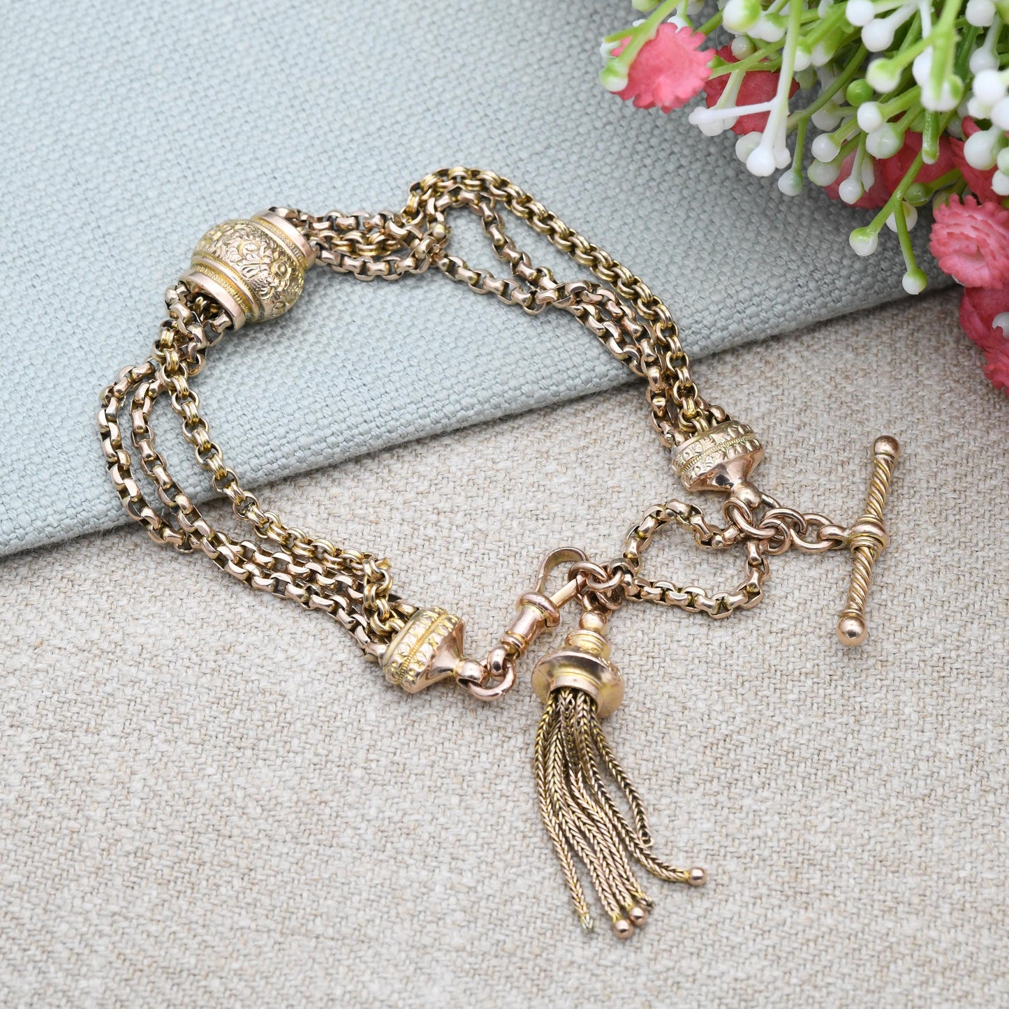 Antique Victorian 9ct Gold Albertina Chain Bracelet with Tassel Slider Dog Clip T-Bar - Cable Rolo Multi-Strand Watch Chain Floral Engraving