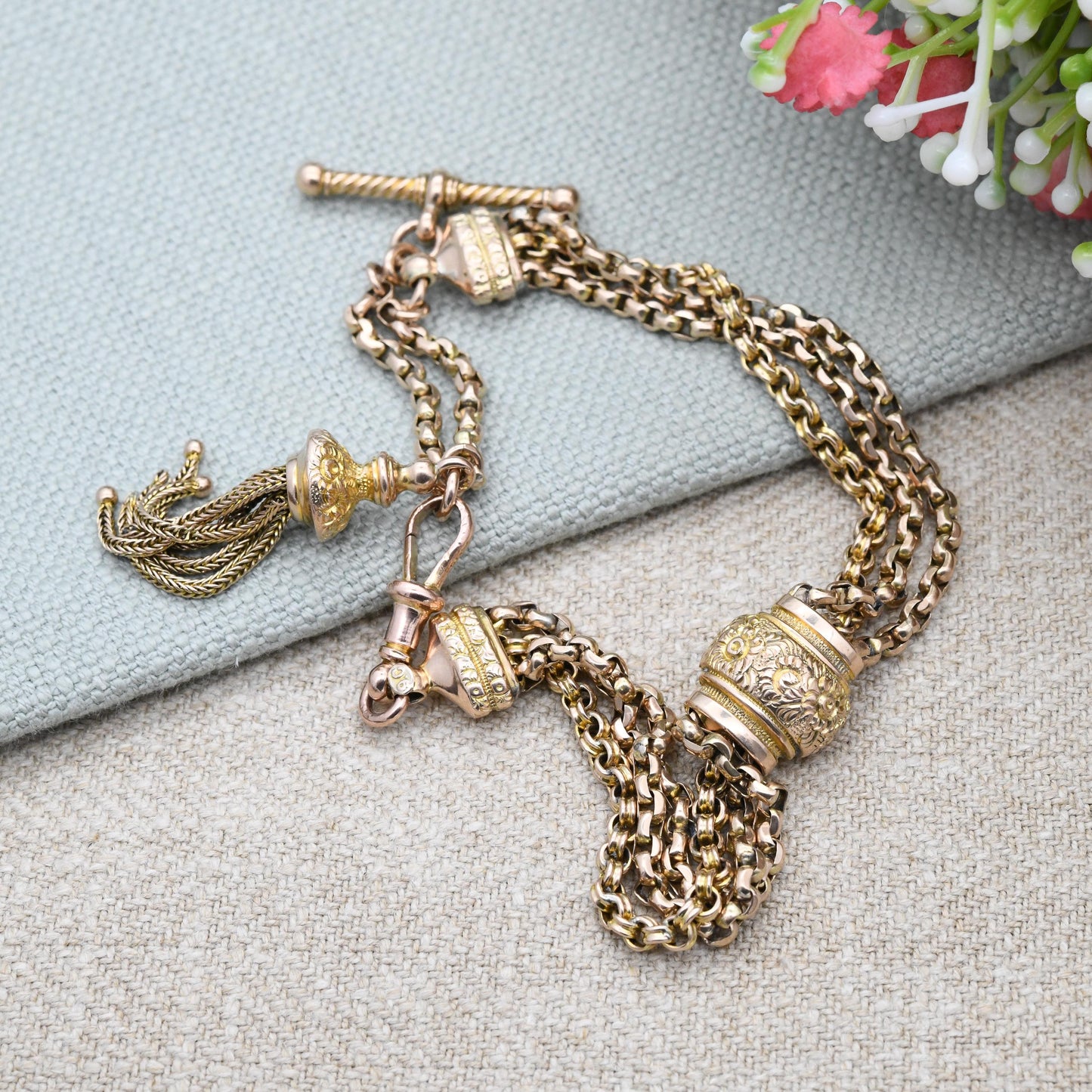 Antique Victorian 9ct Gold Albertina Chain Bracelet with Tassel Slider Dog Clip T-Bar - Cable Rolo Multi-Strand Watch Chain Floral Engraving