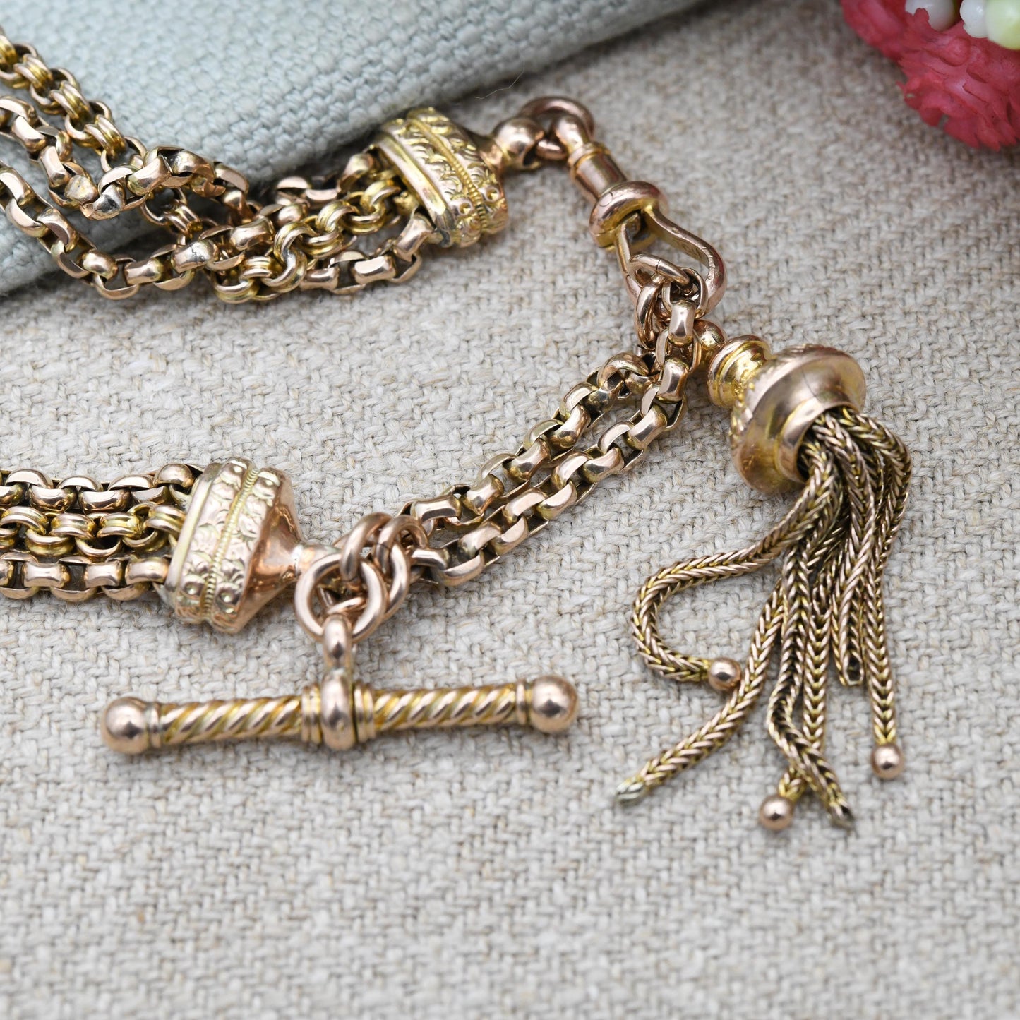 Antique Victorian 9ct Gold Albertina Chain Bracelet with Tassel Slider Dog Clip T-Bar - Cable Rolo Multi-Strand Watch Chain Floral Engraving