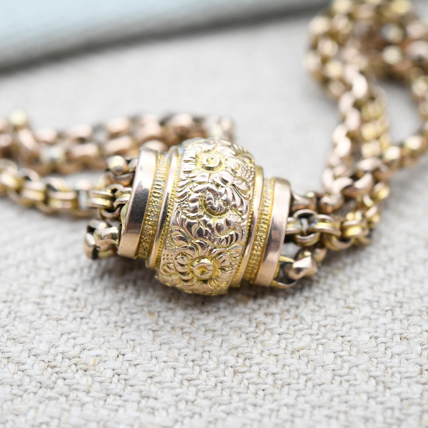 Antique Victorian 9ct Gold Albertina Chain Bracelet with Tassel Slider Dog Clip T-Bar - Cable Rolo Multi-Strand Watch Chain Floral Engraving
