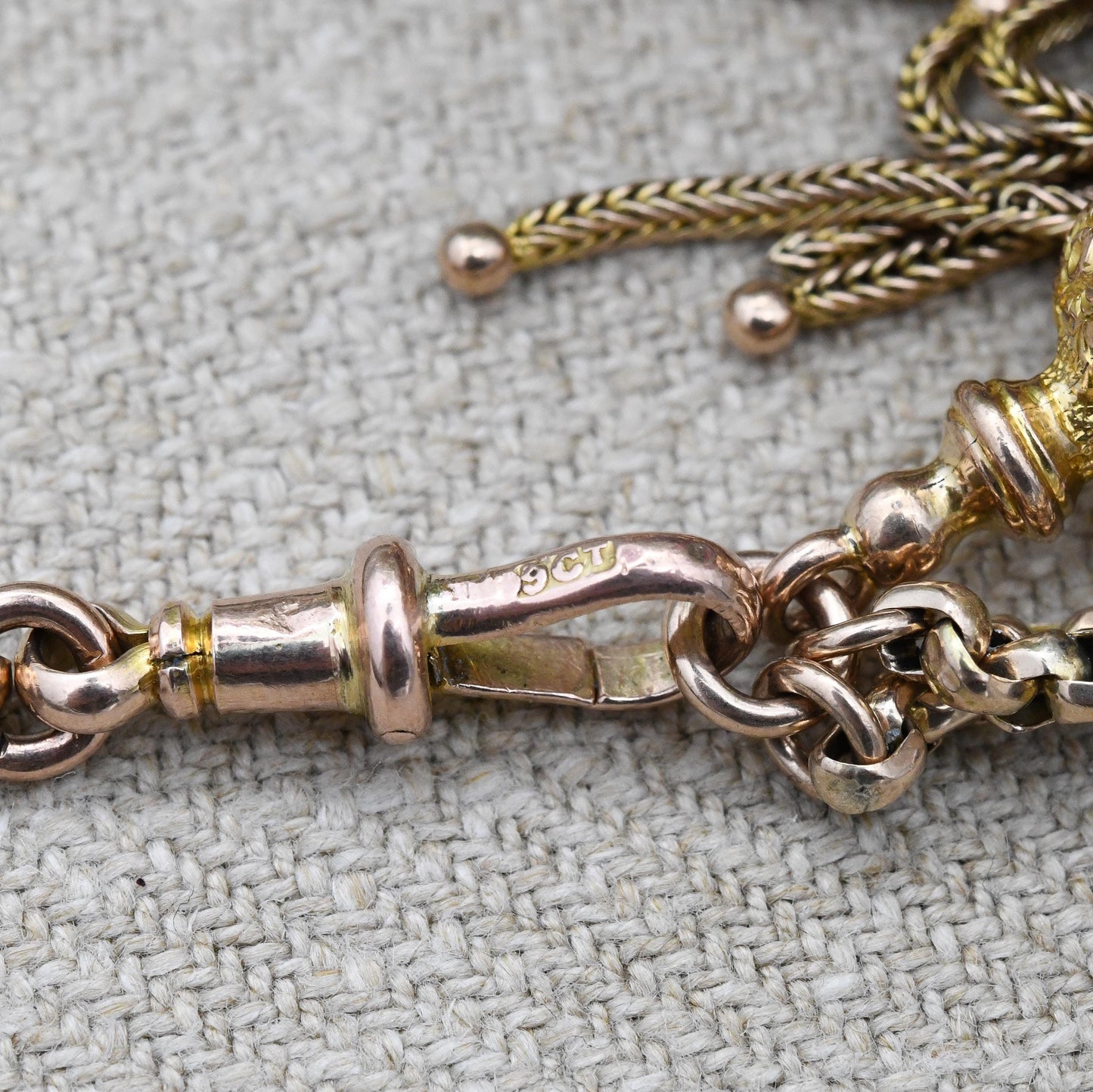 Antique Victorian 9ct Gold Albertina Chain Bracelet with Tassel Slider Dog Clip T-Bar - Cable Rolo Multi-Strand Watch Chain Floral Engraving