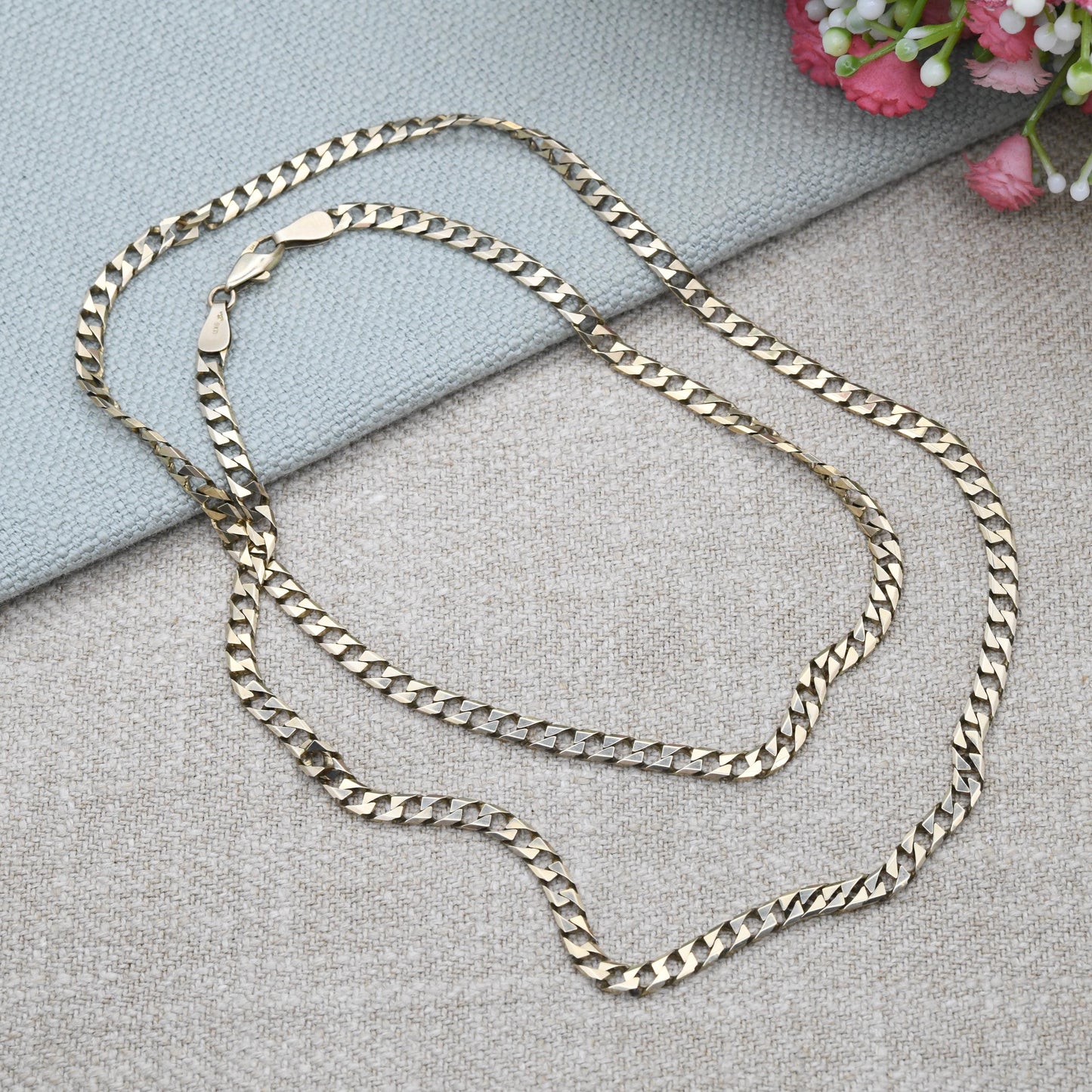 Vintage 9ct Gold Flat Curb Chain Necklace 1990 - Unisex Long 9K Solid Gold Chain | Yellow Gold Jewellery for Men | 63.5cm | 25"