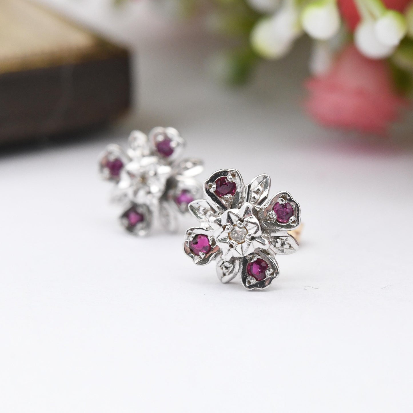 Vintage 9ct White Gold Ruby Diamond Flower Earrings 1977 - Quatrefoil Floral Studs | April July Birthstone Gift | Butterfly Backs Solid Gold