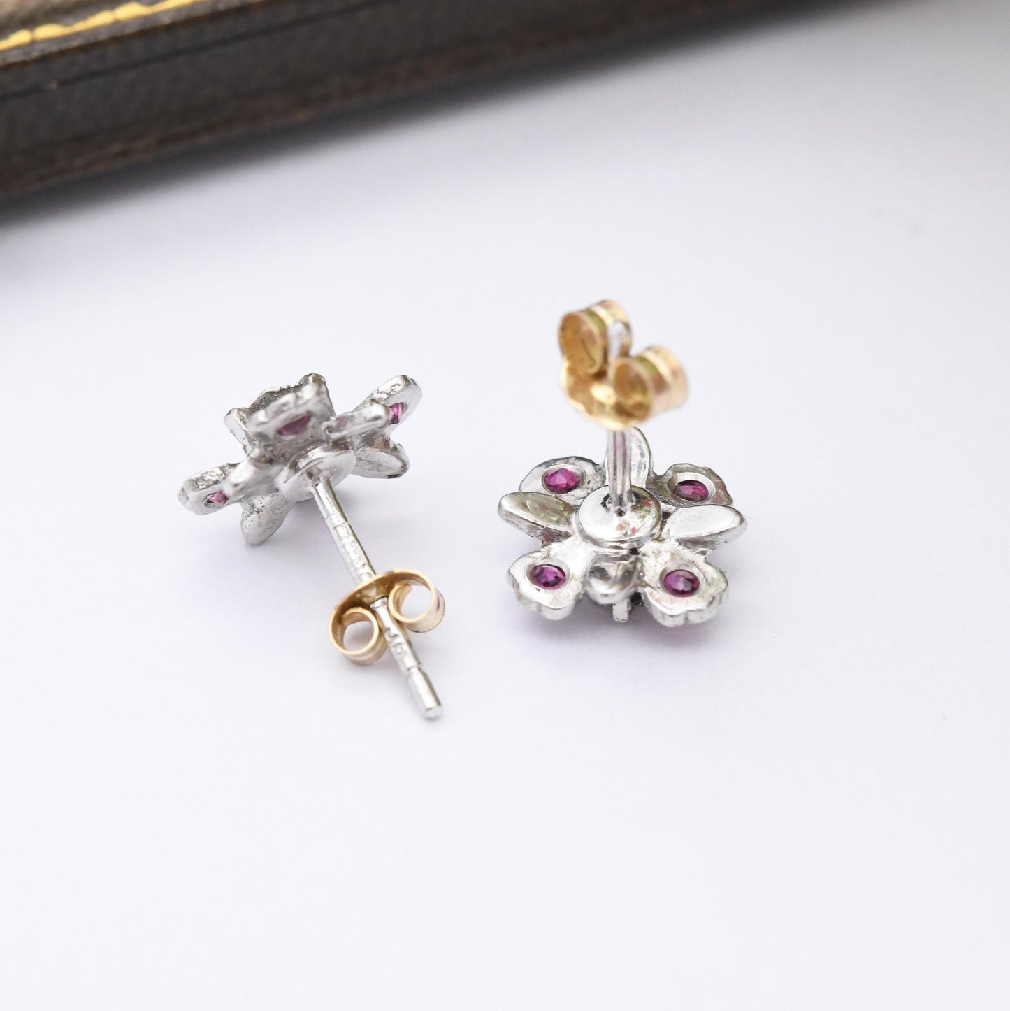 Vintage 9ct White Gold Ruby Diamond Flower Earrings 1977 - Quatrefoil Floral Studs | April July Birthstone Gift | Butterfly Backs Solid Gold