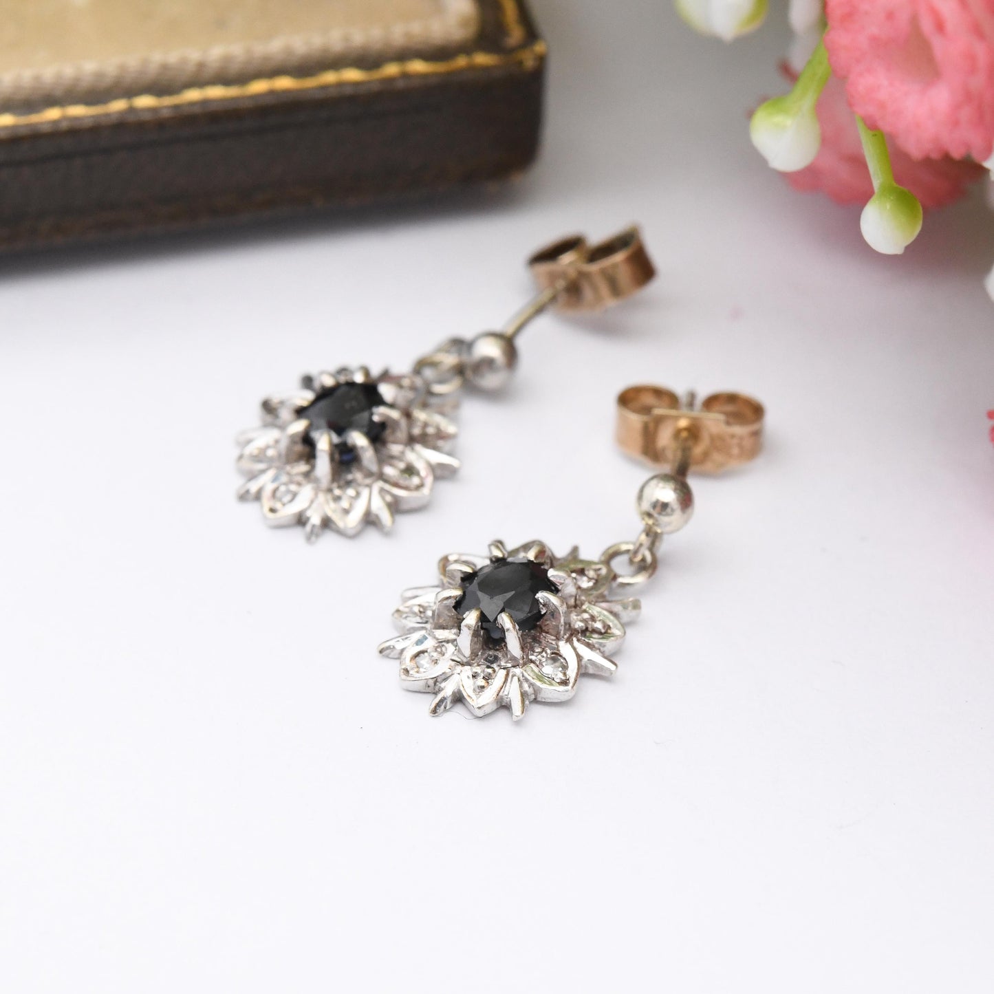 Vintage 9ct White Gold Sapphire Diamond Floral Cluster Drop Earrings - Stud with Butterfly Backs Star Flower Gemstone Jewellery Gift for Her