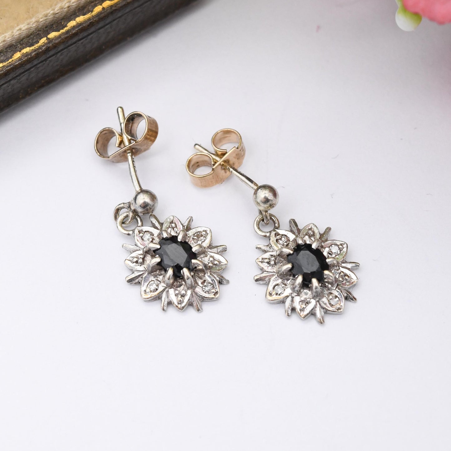 Vintage 9ct White Gold Sapphire Diamond Floral Cluster Drop Earrings - Stud with Butterfly Backs Star Flower Gemstone Jewellery Gift for Her