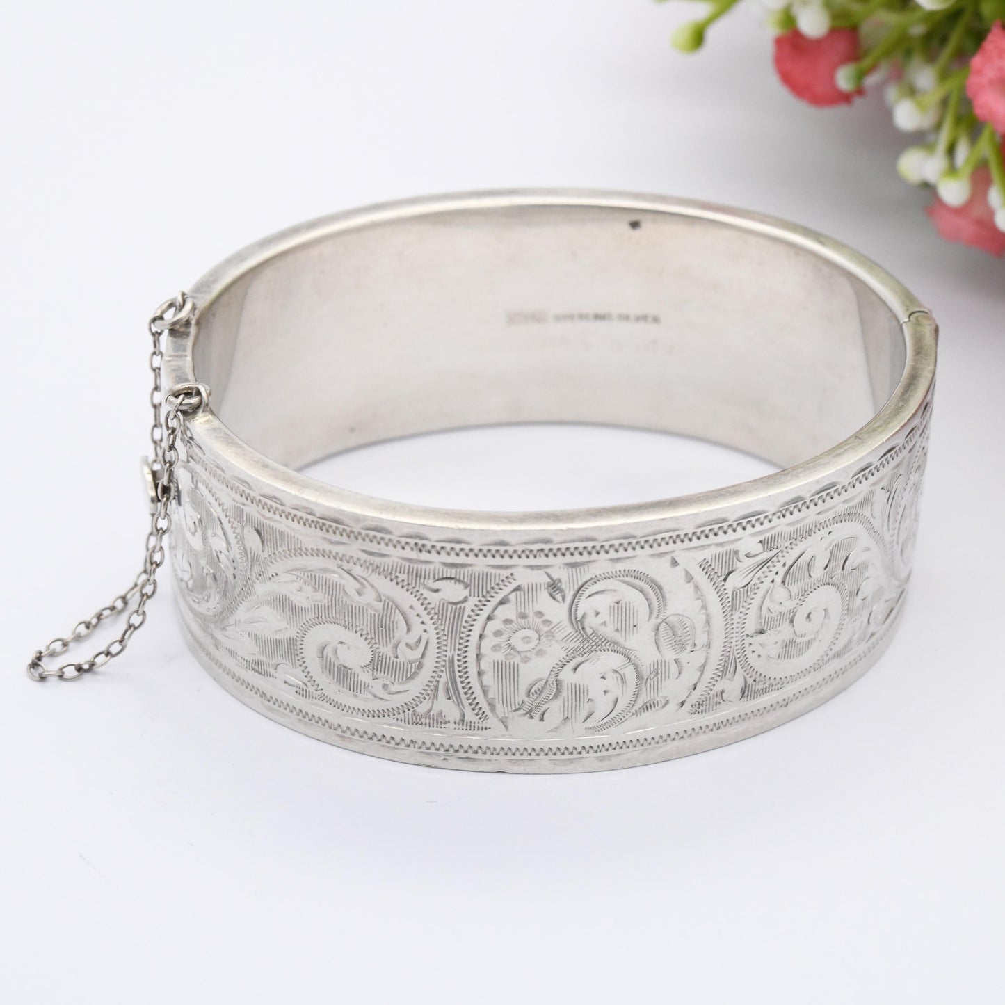 Vintage Sterling Silver Engraved Bangle Bracelet 1959 by Joseph Gloster - Chunky Victorian Aesthetic Scrolling Style with Safety Chain