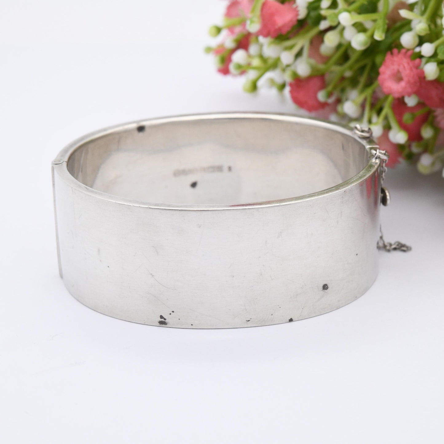 Vintage Sterling Silver Engraved Bangle Bracelet 1959 by Joseph Gloster - Chunky Victorian Aesthetic Scrolling Style with Safety Chain