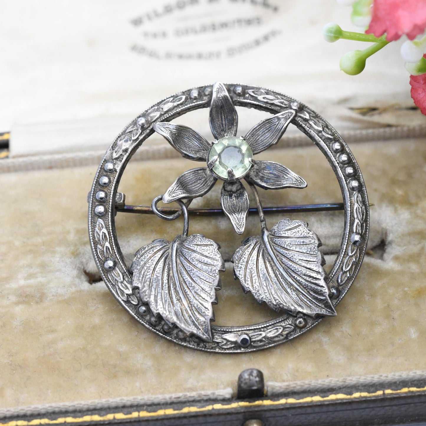 Antique Scottish Sterling Silver Large Flower Brooch with Green Stone Ward Brothers - Textured Flower Jewellery Wreath Statement Brooch Gift