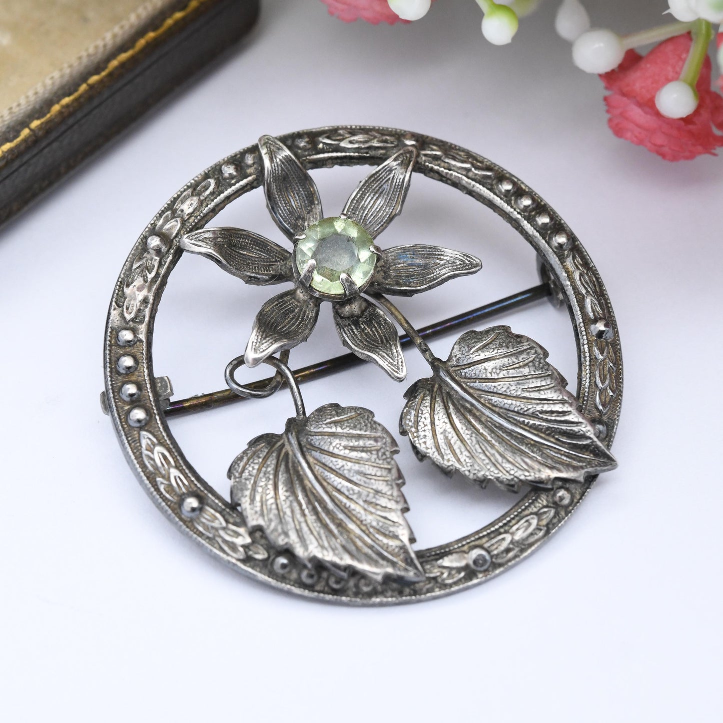 Antique Scottish Sterling Silver Large Flower Brooch with Green Stone Ward Brothers - Textured Flower Jewellery Wreath Statement Brooch Gift