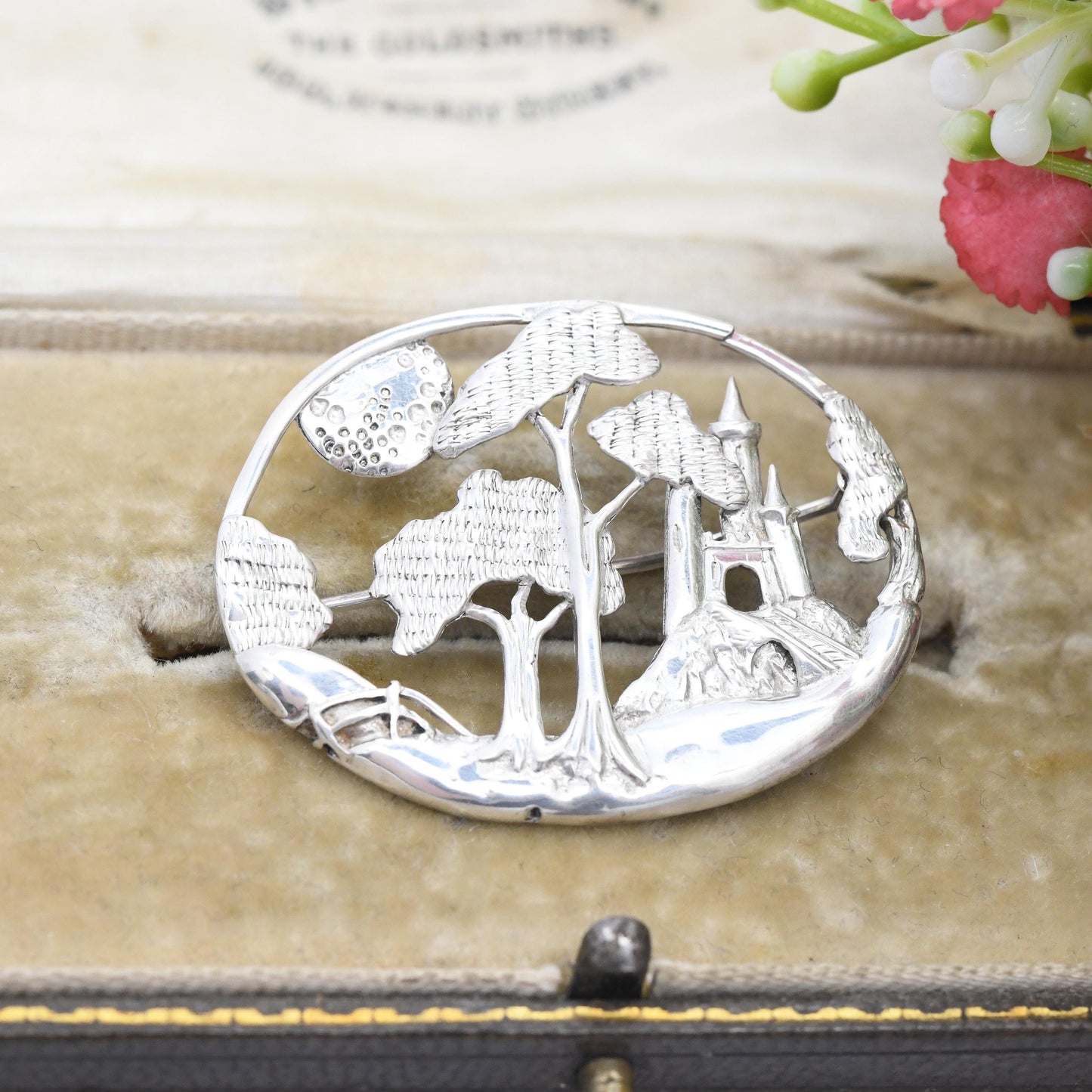 Vintage Sterling Silver Figural Brooch of a Castle in Trees - Openwork Fairytale Princess Castle in Woods Rural Countryside Pastoral Scene
