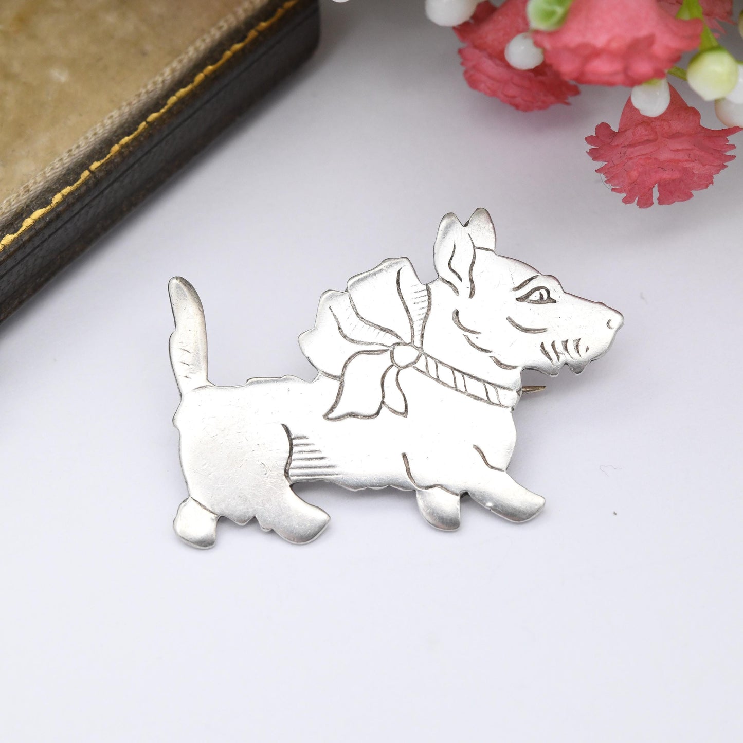 Vintage Sterling Silver Scottie Dog Brooch c. 1940s - Dog Wearing a Bow Collar Deco Style Puppy Silver Animal Attributed to Charles Horner