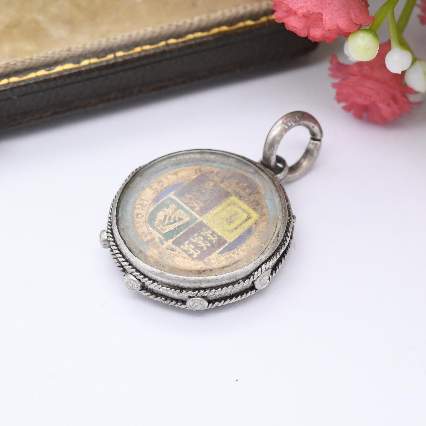Antique Victorian Silver 1887 Sixpence Pendant Enamelled Coin in Sterling Silver Fob Mount - Rope Twist and Granulated Edges Nautical Style