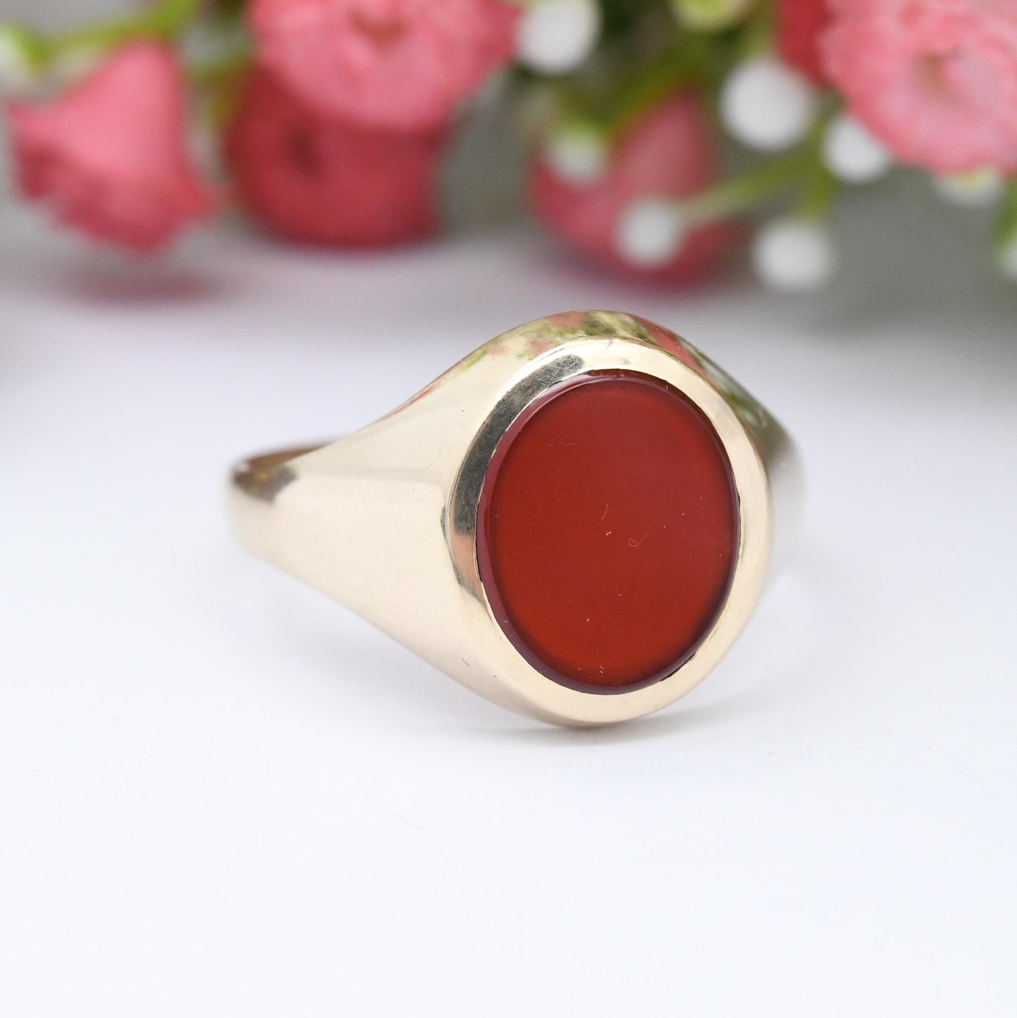 Vintage 9ct Gold Carnelian Signet Ring 1983 - Unisex Chunky Solid Gold Blank Gemstone | Boyfriend Gift | UK Size - V 1/2 | US Size - 10 3/4