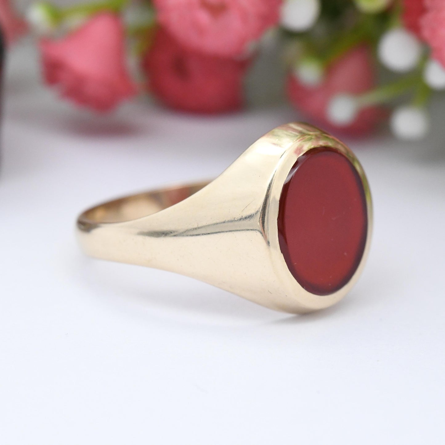 Vintage 9ct Gold Carnelian Signet Ring 1983 - Unisex Chunky Solid Gold Blank Gemstone | Boyfriend Gift | UK Size - V 1/2 | US Size - 10 3/4