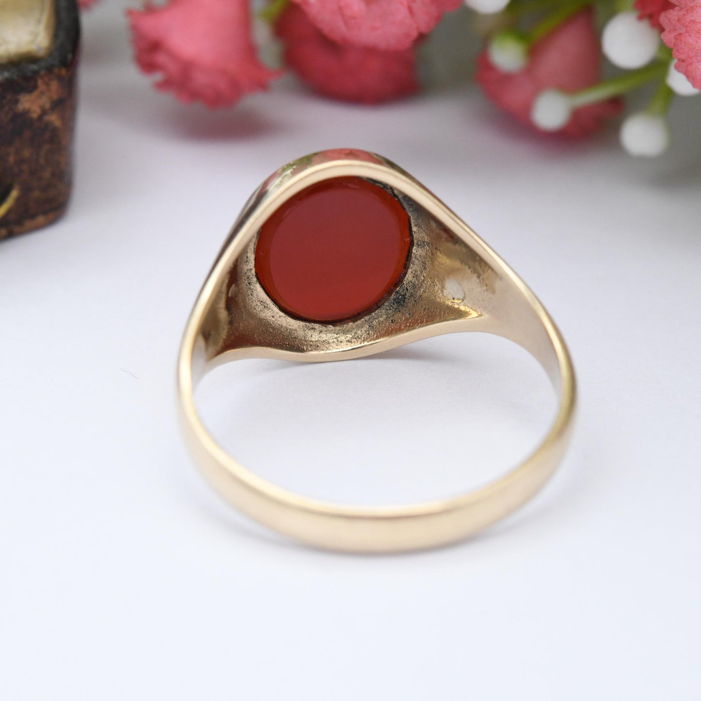 Vintage 9ct Gold Carnelian Signet Ring 1983 - Unisex Chunky Solid Gold Blank Gemstone | Boyfriend Gift | UK Size - V 1/2 | US Size - 10 3/4