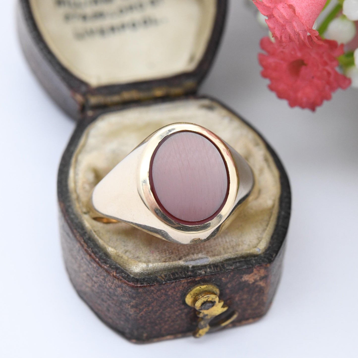 Vintage 9ct Gold Carnelian Signet Ring 1983 - Unisex Chunky Solid Gold Blank Gemstone | Boyfriend Gift | UK Size - V 1/2 | US Size - 10 3/4