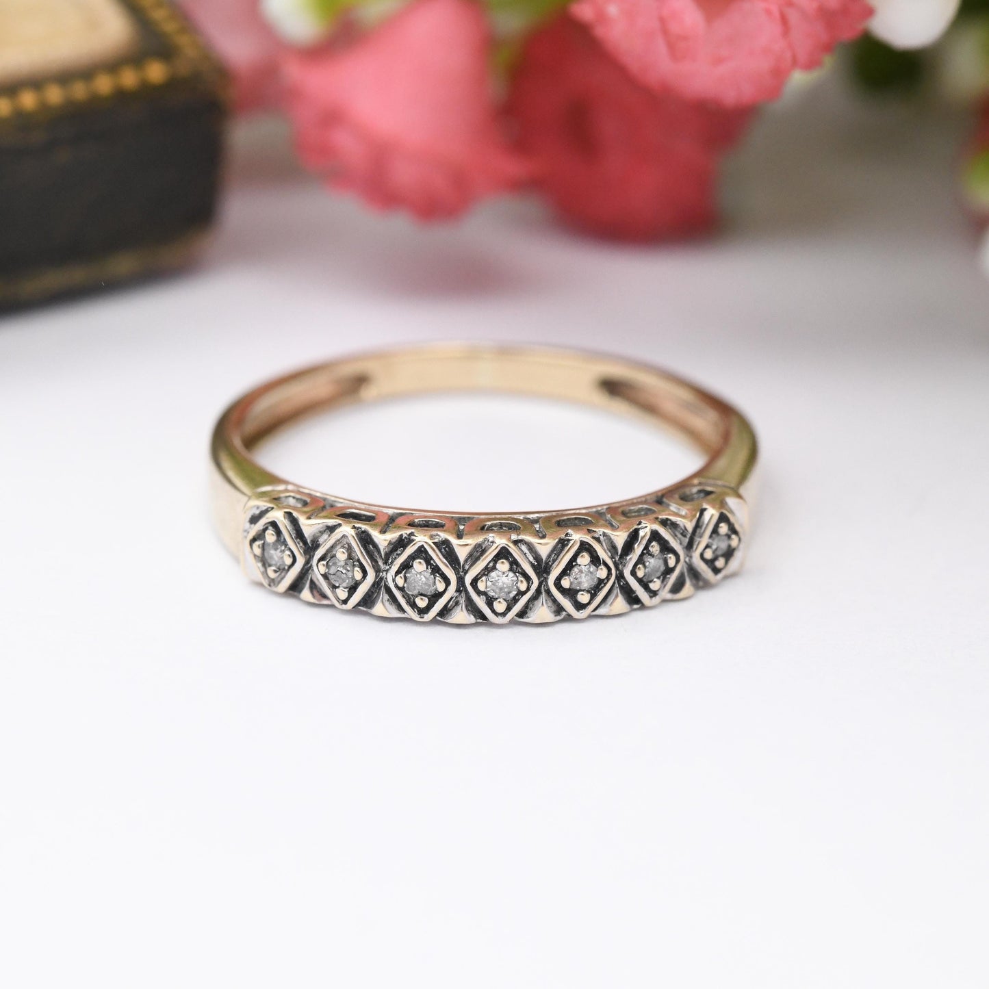Vintage 9ct Gold Diamond Half Eternity Ring - 7 Stone Pretty Engagement Wedding Band Stacking Jewellery Gift | UK Size - O US Size - 7 1/4