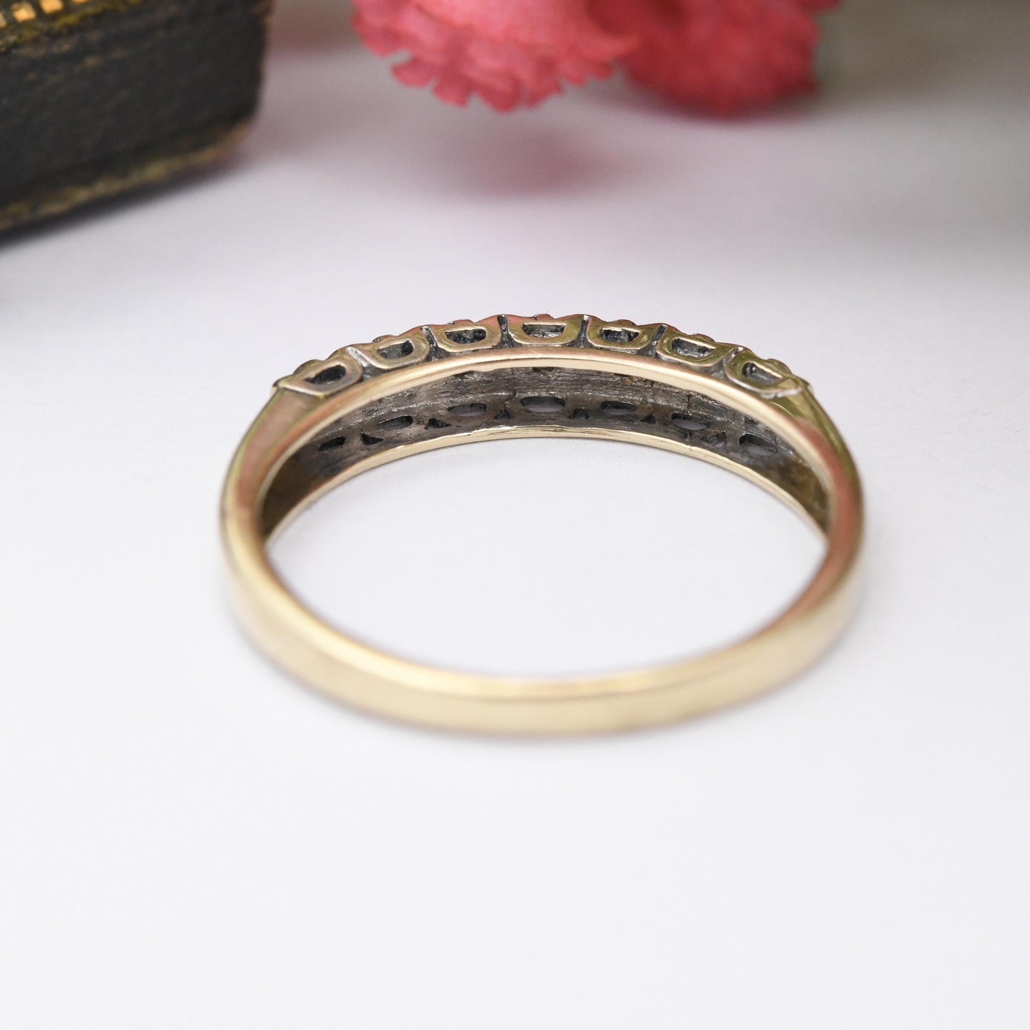 Vintage 9ct Gold Diamond Half Eternity Ring - 7 Stone Pretty Engagement Wedding Band Stacking Jewellery Gift | UK Size - O US Size - 7 1/4