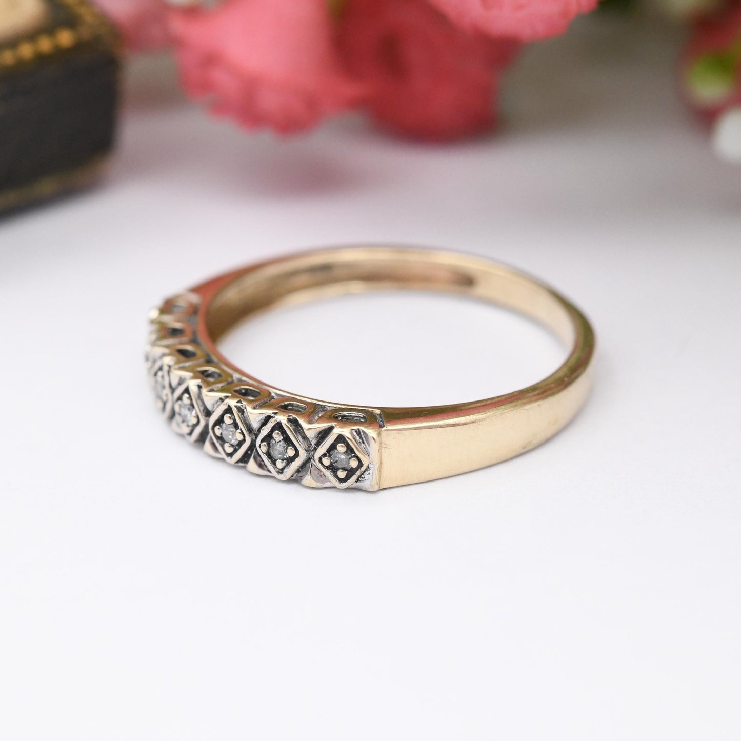 Vintage 9ct Gold Diamond Half Eternity Ring - 7 Stone Pretty Engagement Wedding Band Stacking Jewellery Gift | UK Size - O US Size - 7 1/4