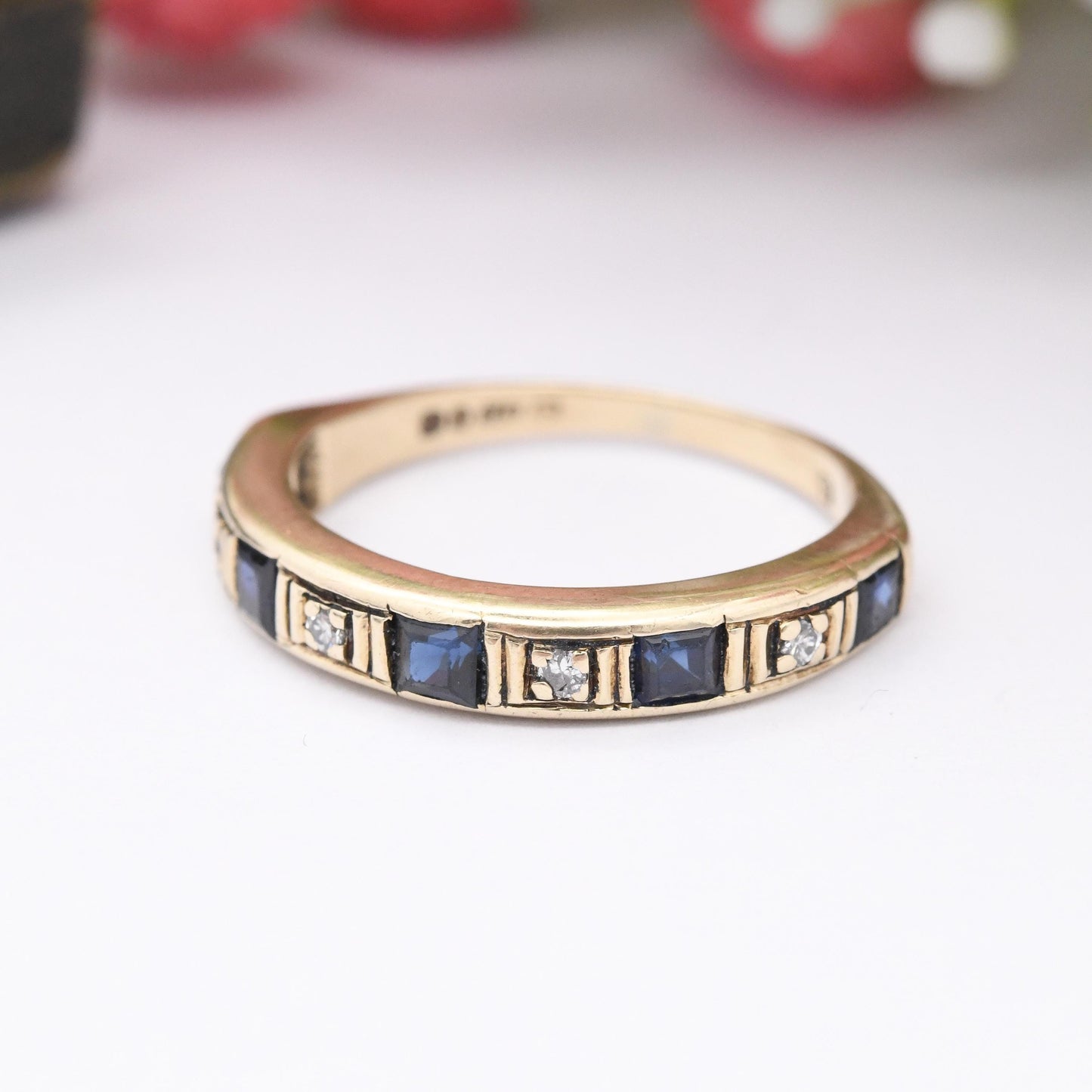 Vintage 9ct Gold Sapphire and Diamond Half Eternity Ring 1982 - Square Blue Gemstone Band Stacker Ring | UK Size - N | US Size - 6 3/4