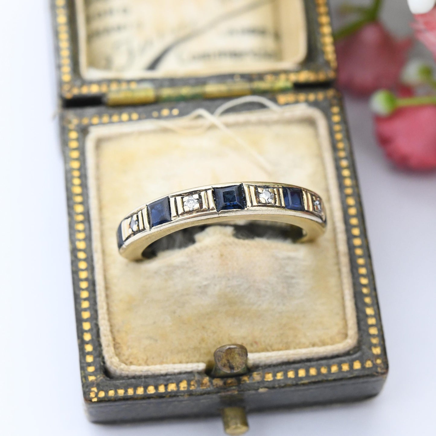 Vintage 9ct Gold Sapphire and Diamond Half Eternity Ring 1982 - Square Blue Gemstone Band Stacker Ring | UK Size - N | US Size - 6 3/4